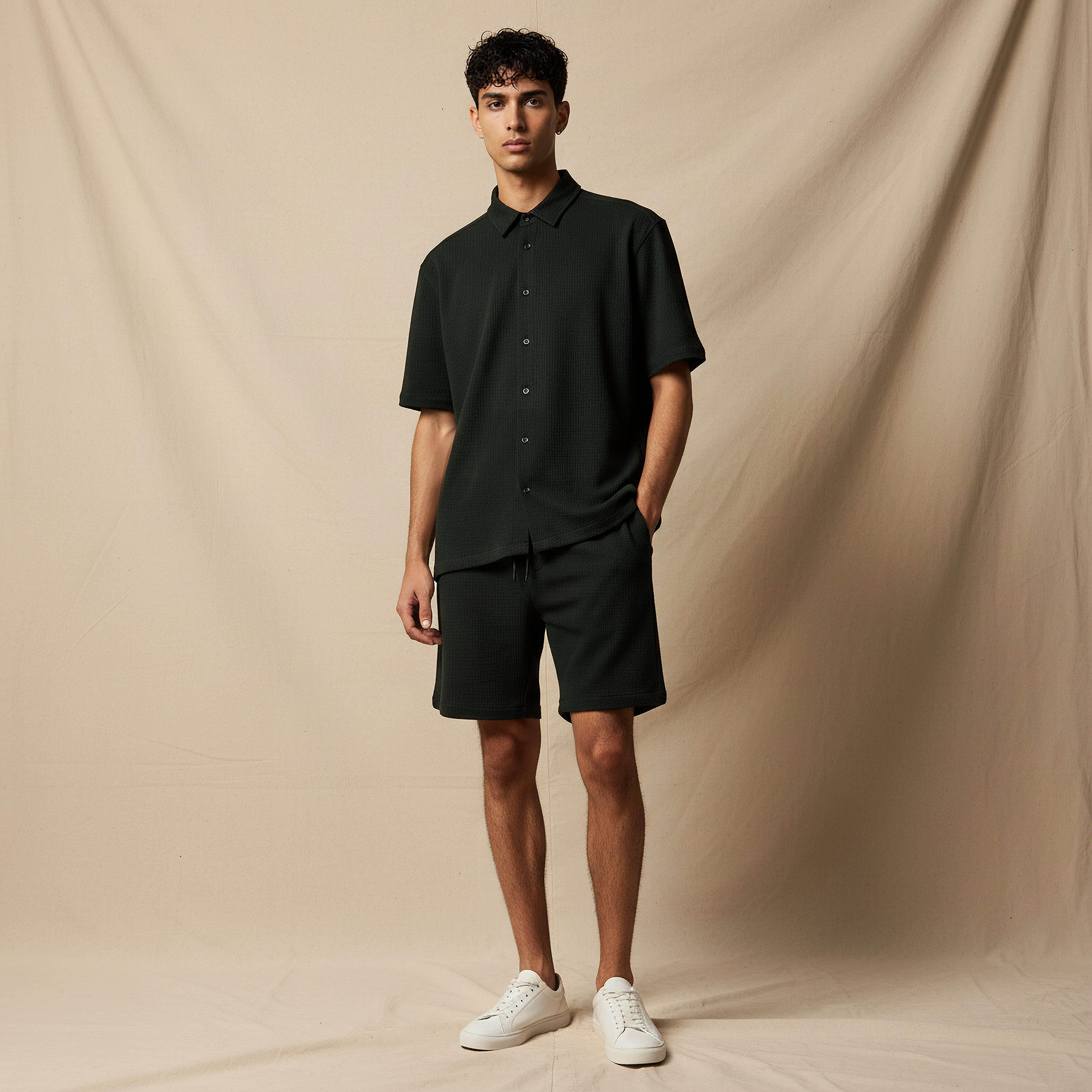 Men Textured Short Sleeve Shirt and Shorts Set-men-clothing-coordsets-image-1