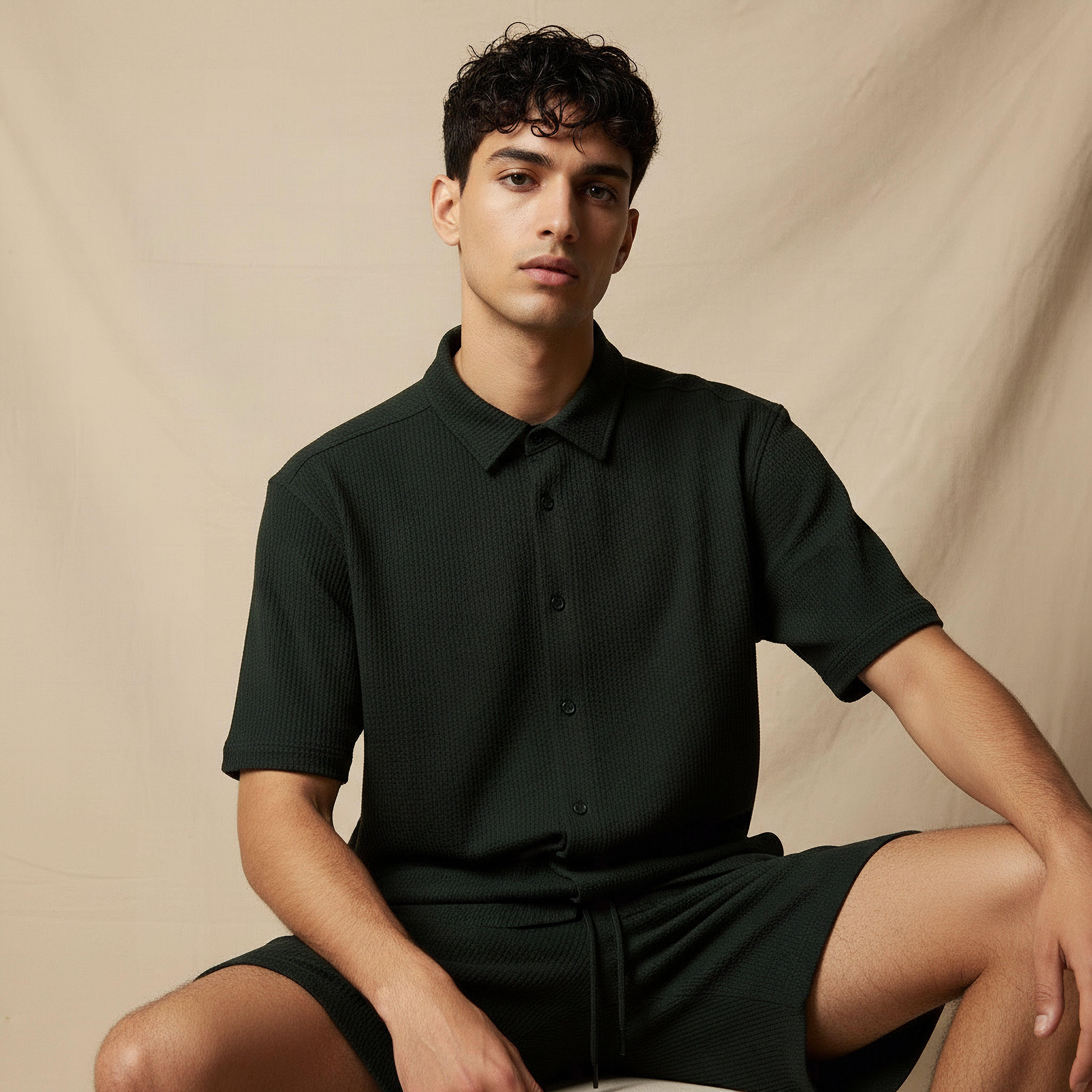 Men Textured Short Sleeve Shirt and Shorts Set-men-clothing-coordsets-image-3