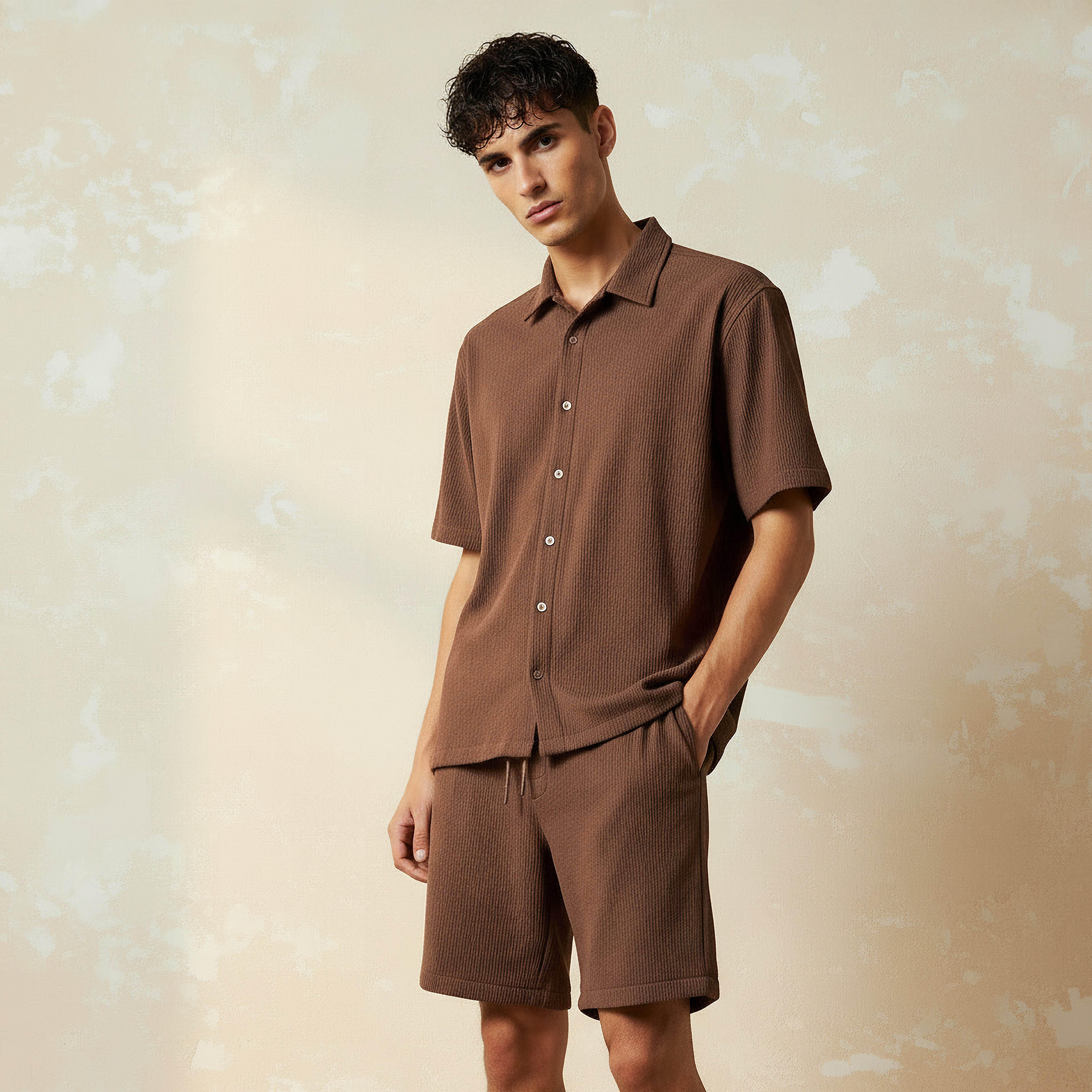 Men Textured Short Sleeve Shirt and Shorts Set-men-clothing-coordsets-image-6