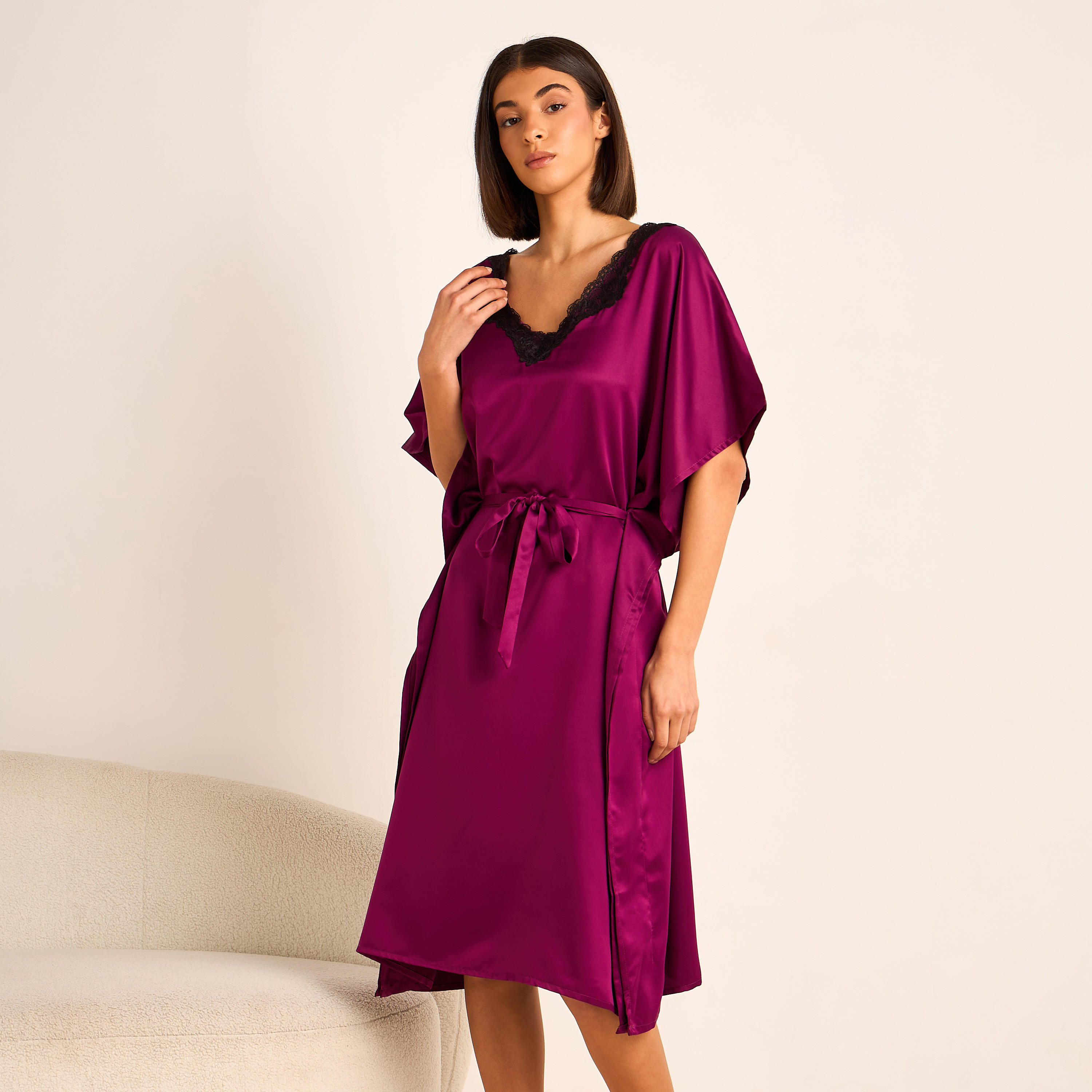قميص نوم بأكمام قصيرة وحزام من آدارايا-women-clothing-nightwear-nighties-image-1