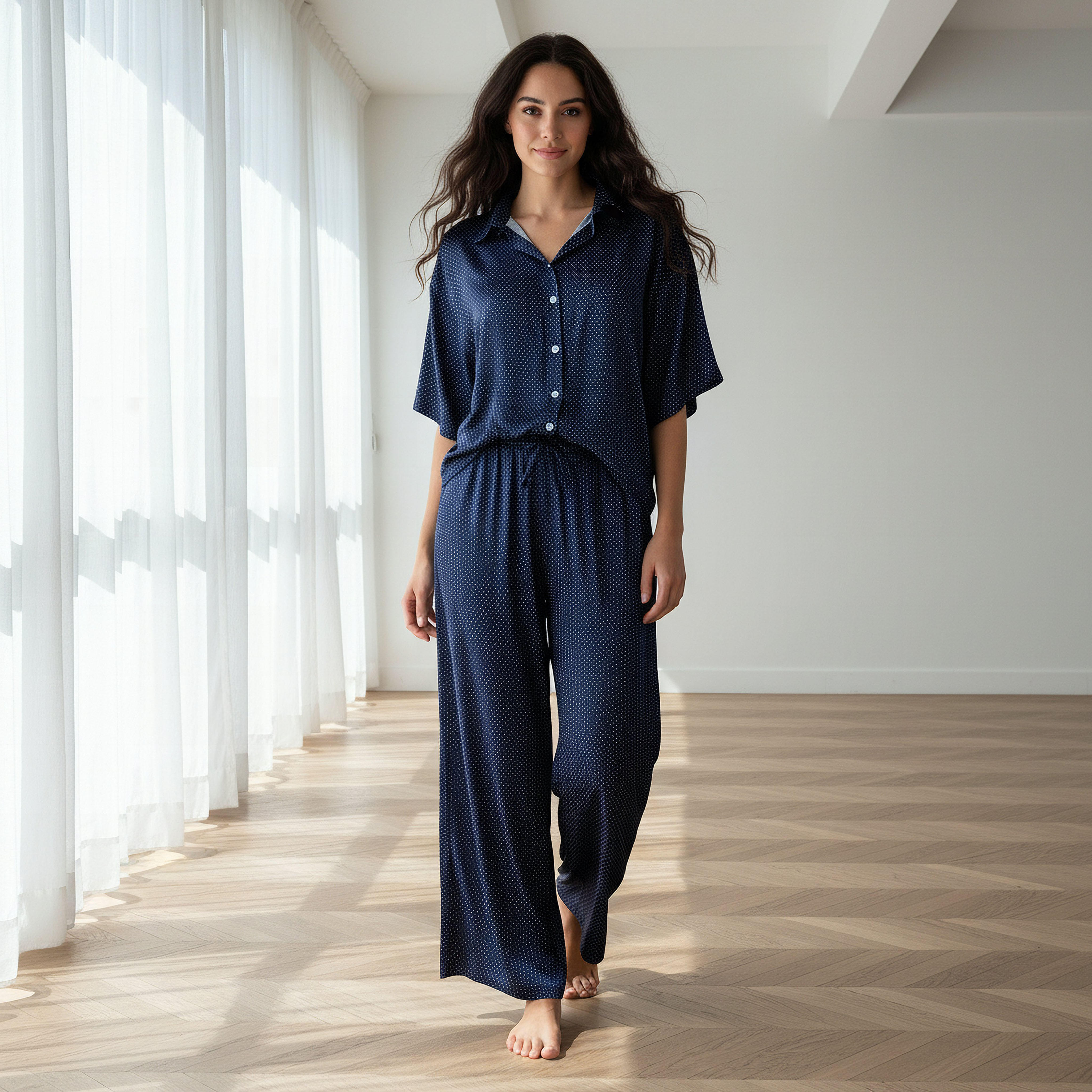طقم بيجاما بنطلون وقميص بأزرار من أدارايا-women-clothing-nightwear-pyjamas-longsets-image-1