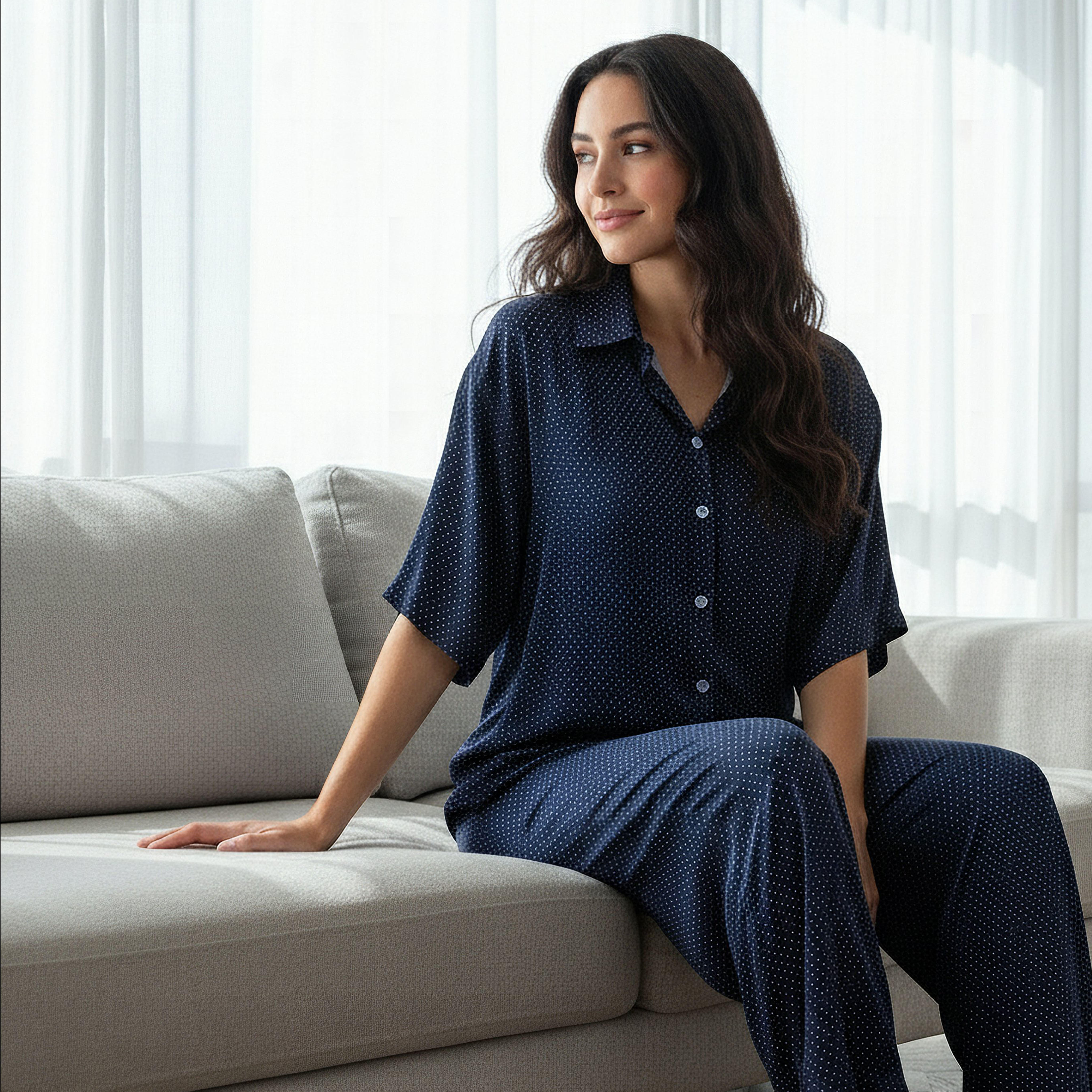 طقم بيجاما بنطلون وقميص بأزرار من أدارايا-women-clothing-nightwear-pyjamas-longsets-image-2
