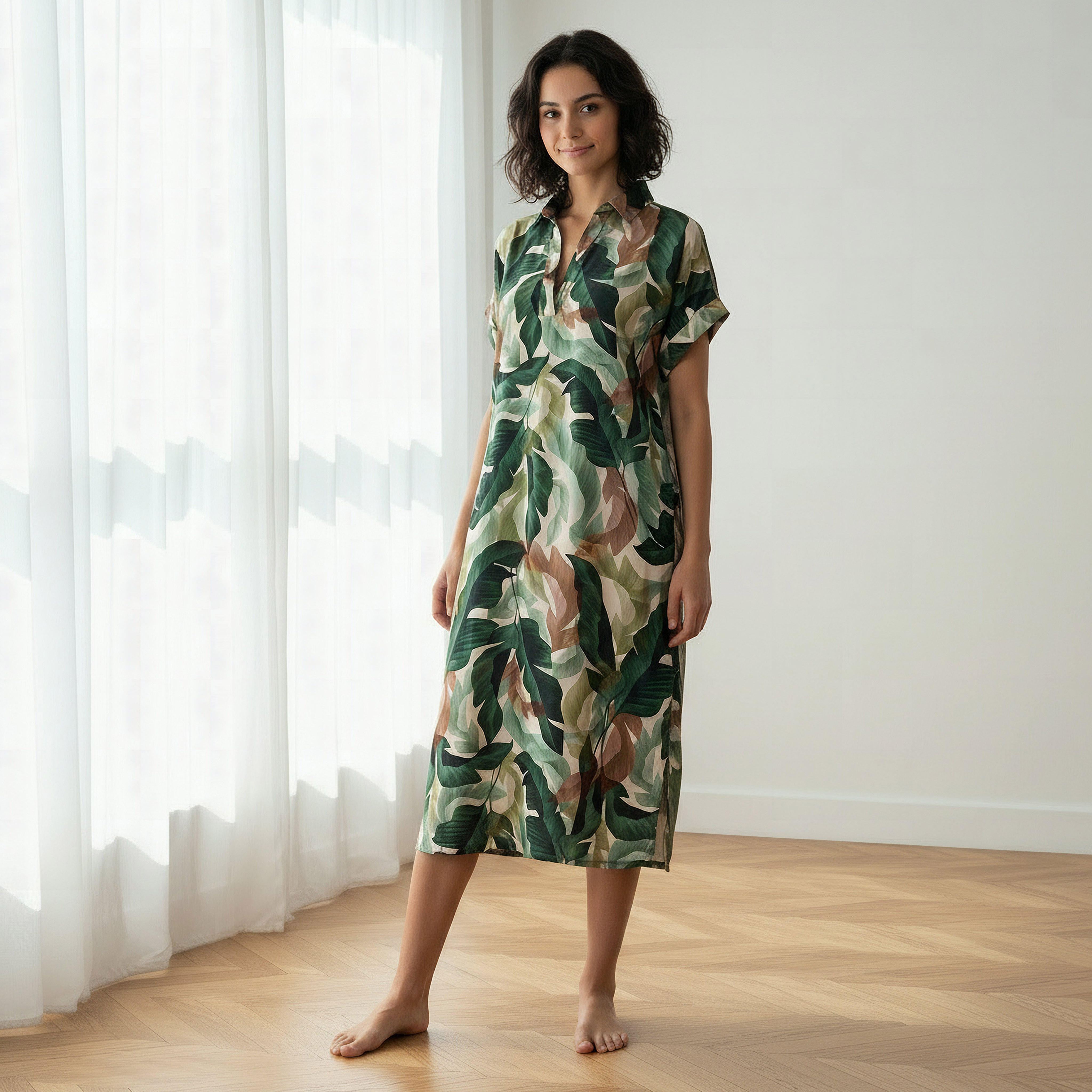 Aadaraya Night Dress Short Sleeve Tropical Print-women-clothing-nightwear-nighties-image-2