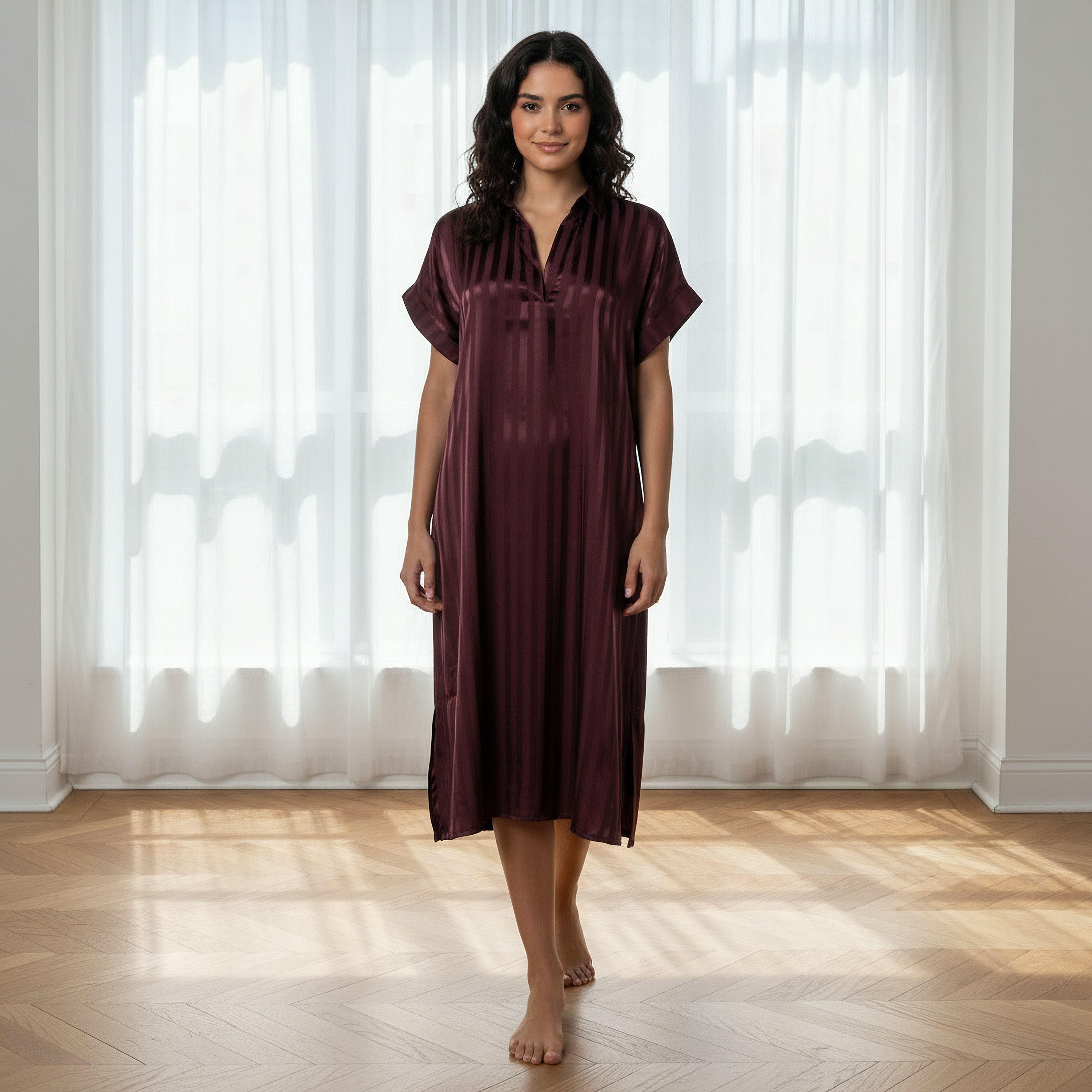 فستان نوم بأكمام قصيرة بخطوط من أدارايا-women-clothing-nightwear-nighties-image-1