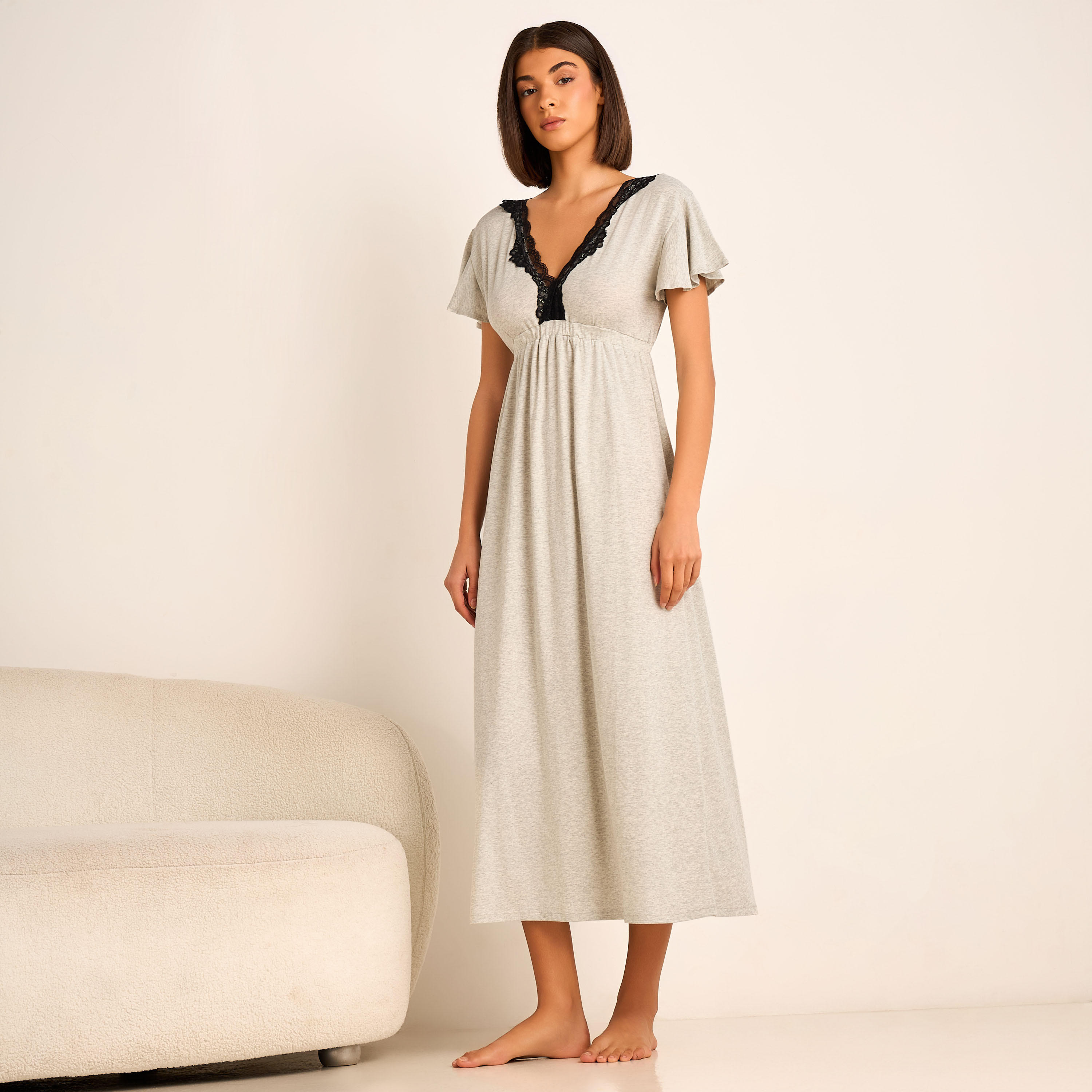 Aadaraya Night Gown Short Sleeves Lace Trim-women-clothing-nightwear-nighties-image-1