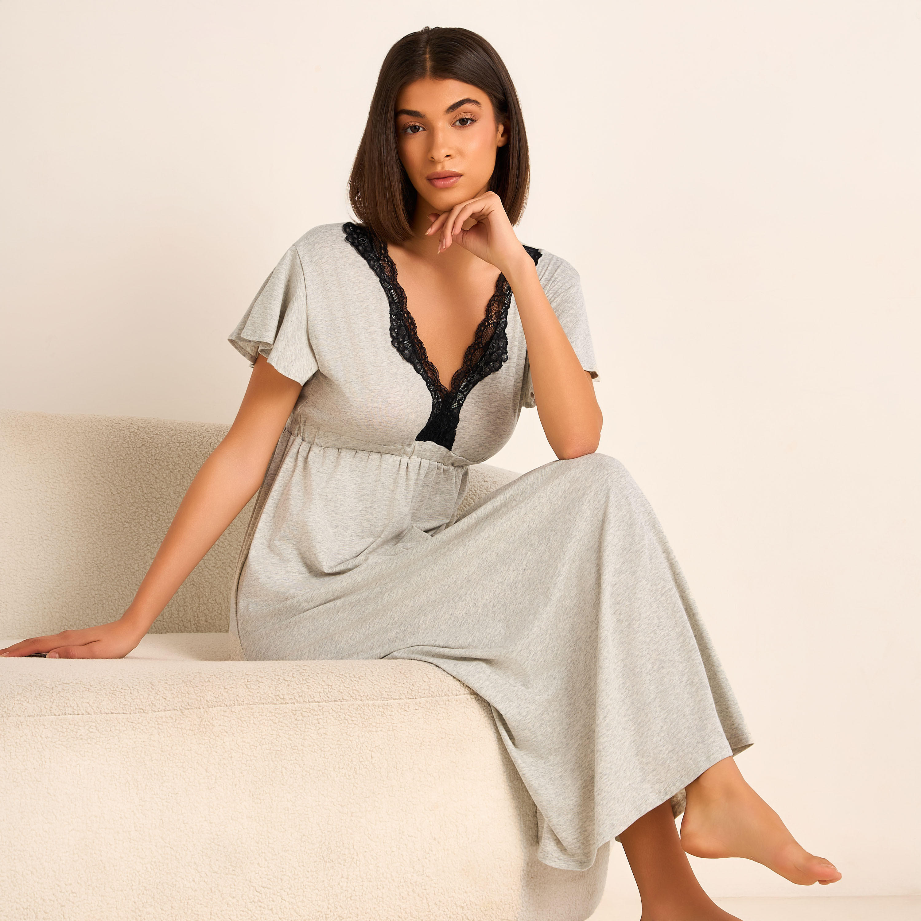 Aadaraya Night Gown Short Sleeves Lace Trim-women-clothing-nightwear-nighties-image-2