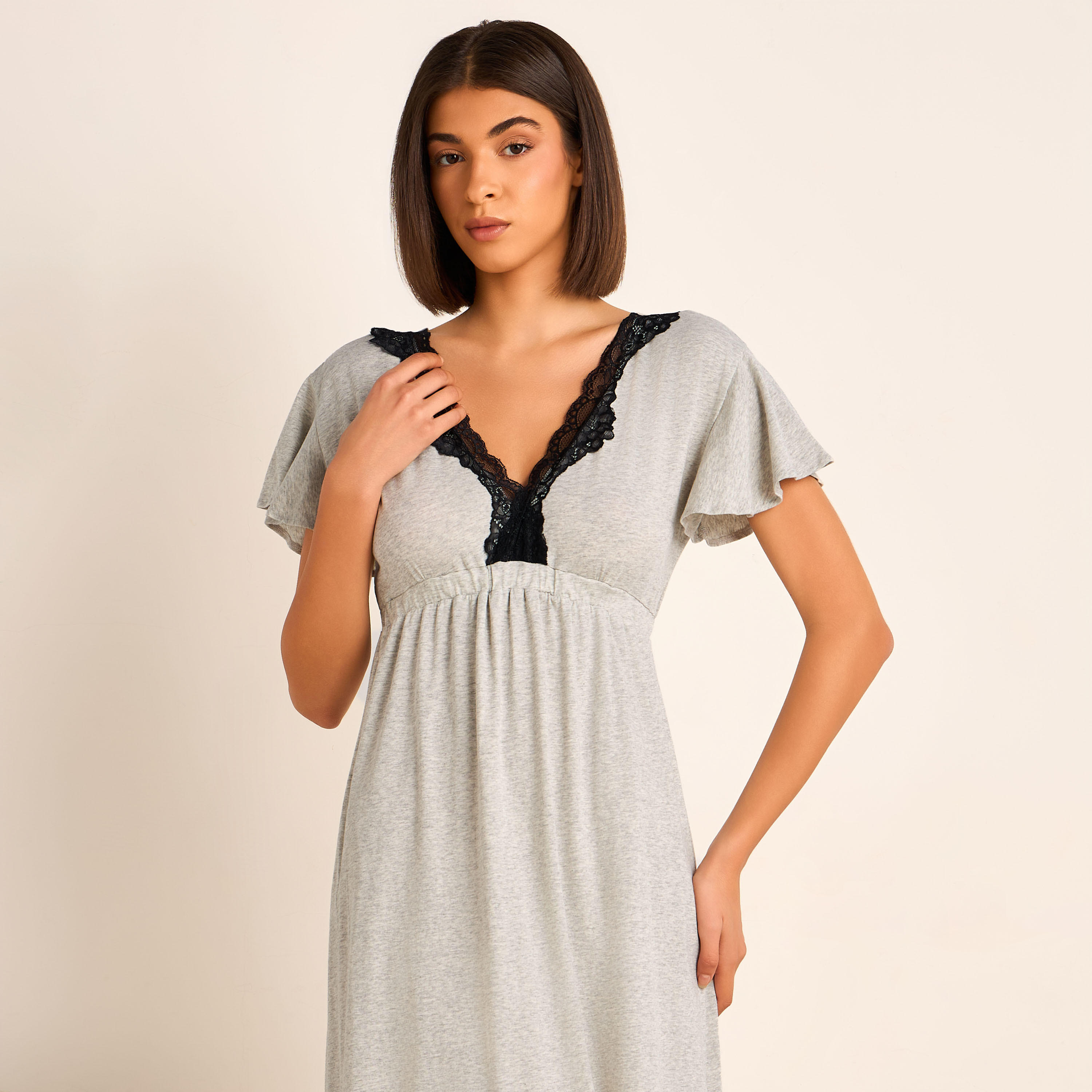Aadaraya Night Gown Short Sleeves Lace Trim-women-clothing-nightwear-nighties-image-4