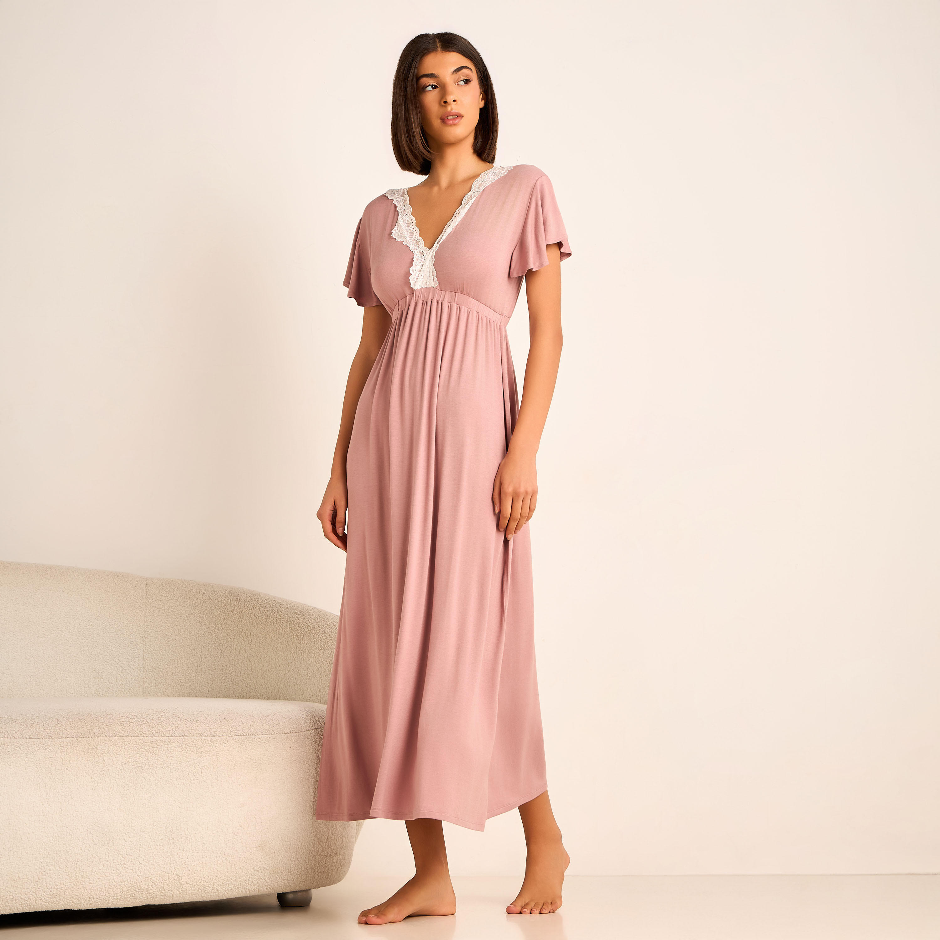 Aadaraya Night Gown Short Sleeves Lace Trim-women-clothing-nightwear-nighties-image-1