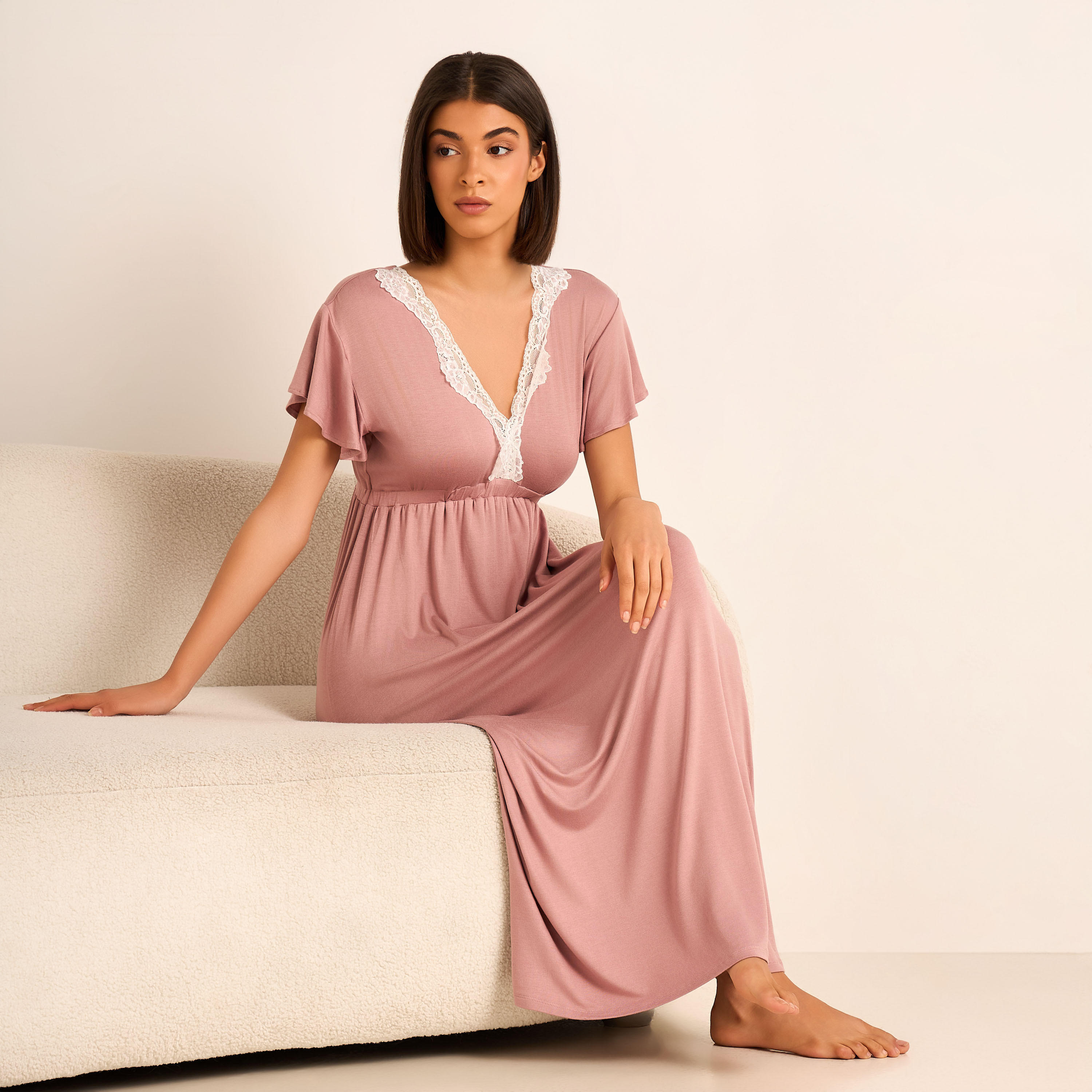 Aadaraya Night Gown Short Sleeves Lace Trim-women-clothing-nightwear-nighties-image-2