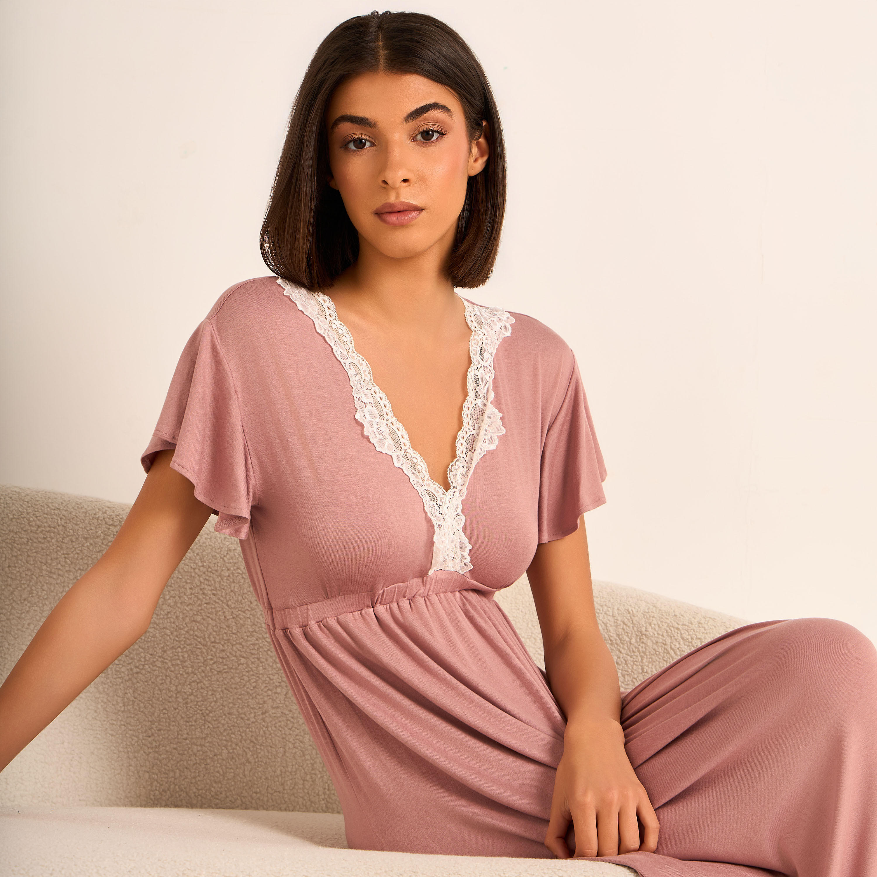 Aadaraya Night Gown Short Sleeves Lace Trim-women-clothing-nightwear-nighties-image-4