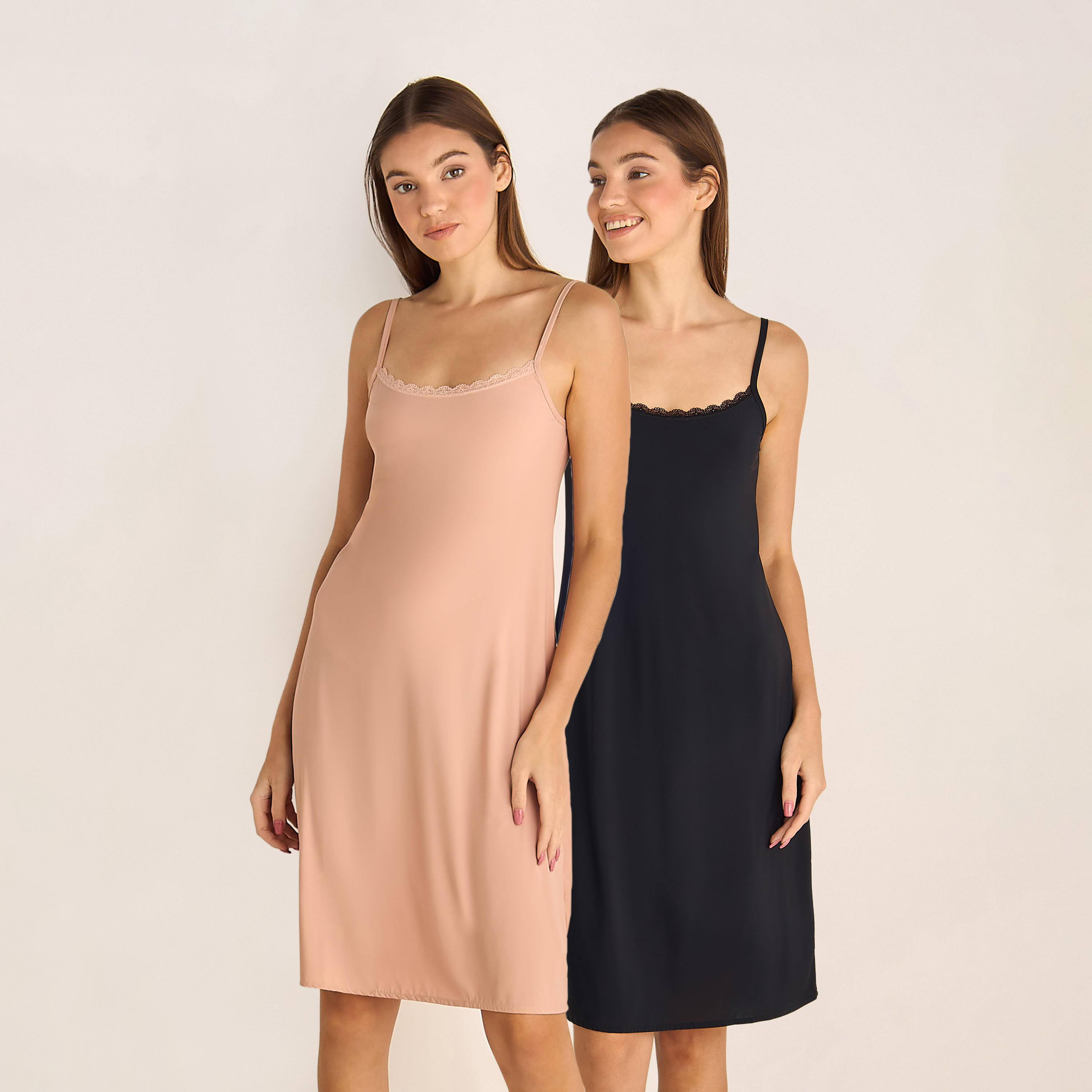 Set of 2 - Long Slip Dress Sleeveless Lace Trim-women-clothing-nightwear-nighties-image-1