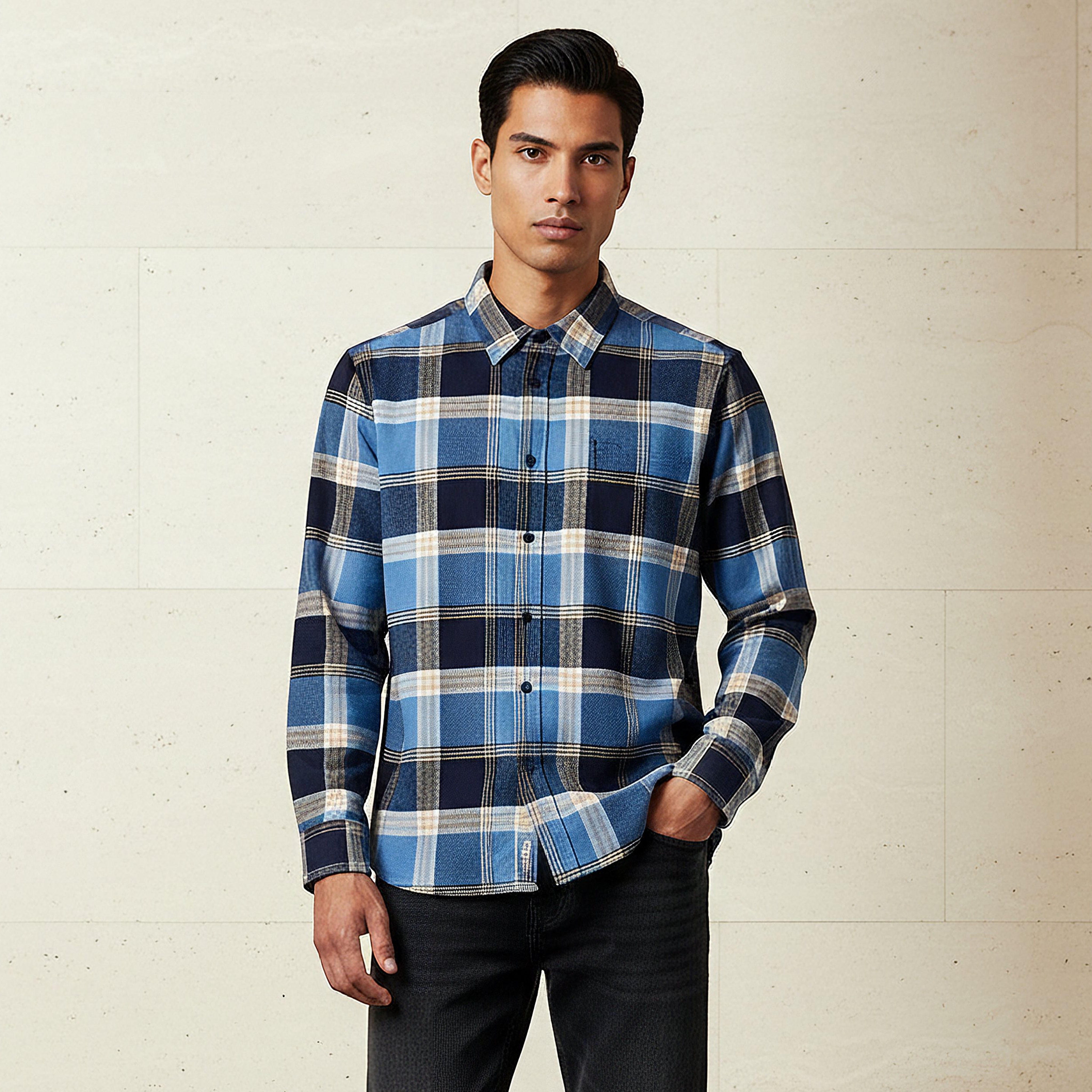 Men Regular Fit Collared Checked Long Sleeve Shirt-men-clothing-shirts-image-1