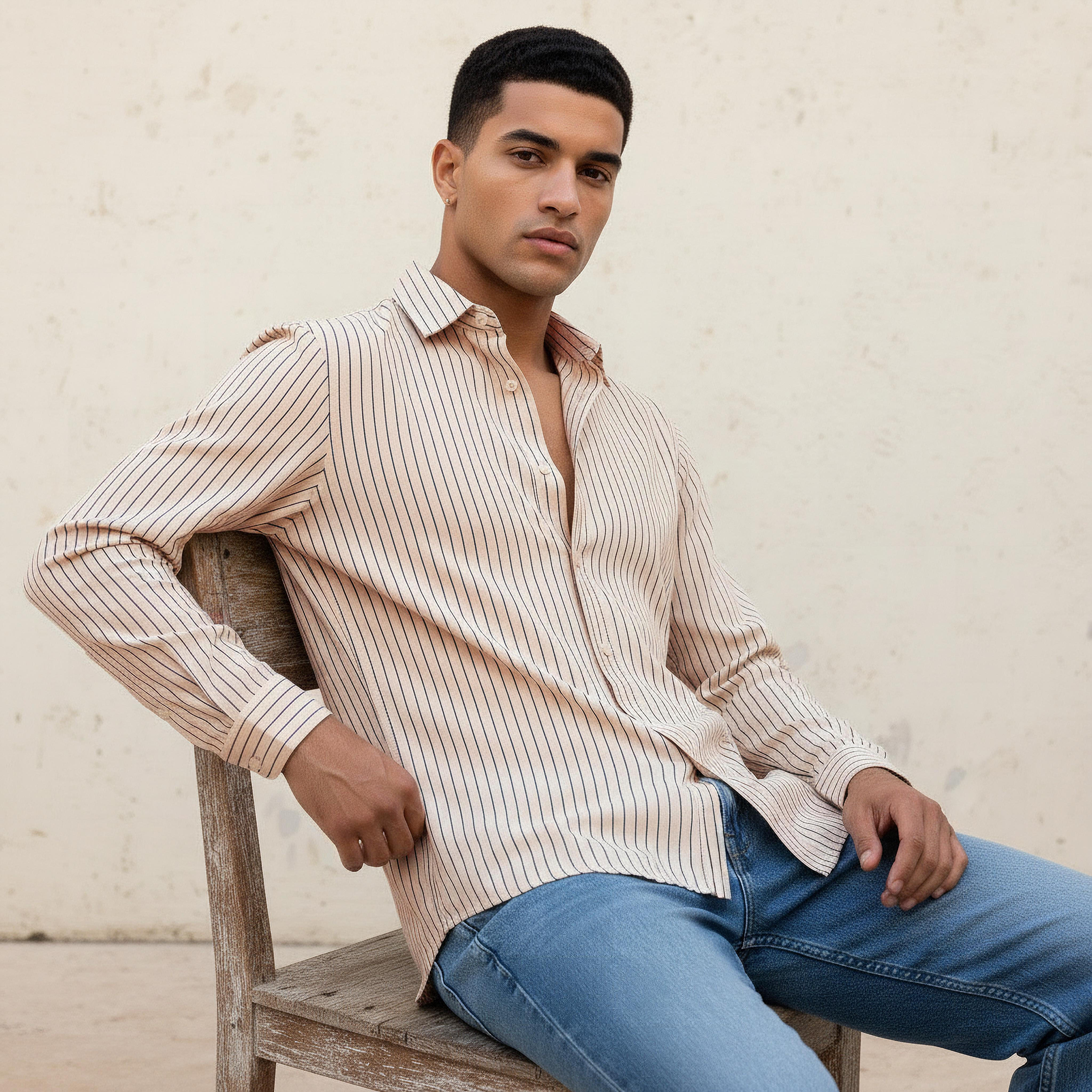 Men Regular Fit Collared Striped Long Sleeve Linen Blend Shirt-men-clothing-shirts-image-1