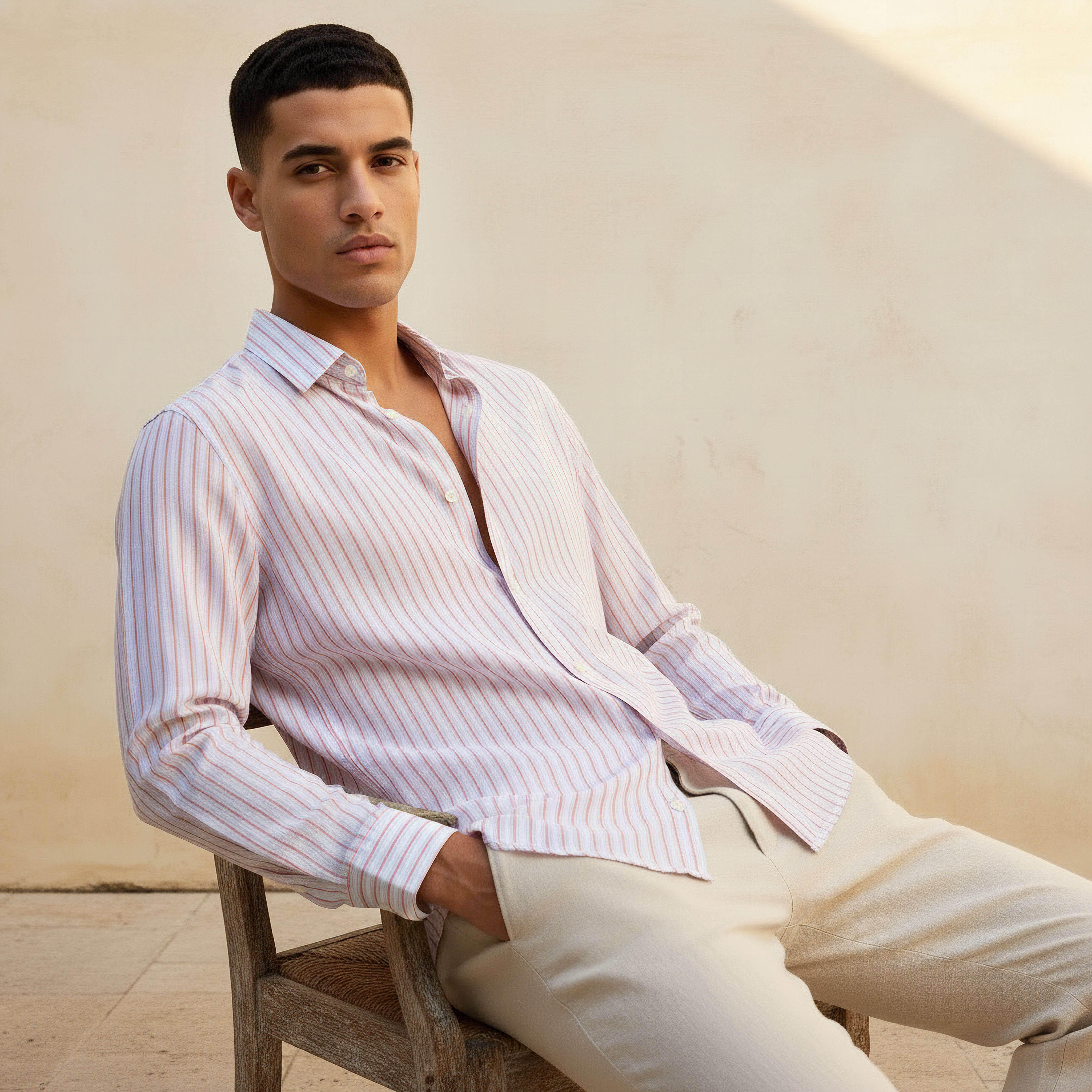 Men Regular Fit Collared Striped Long Sleeve Linen Blend Shirt-men-clothing-shirts-image-1