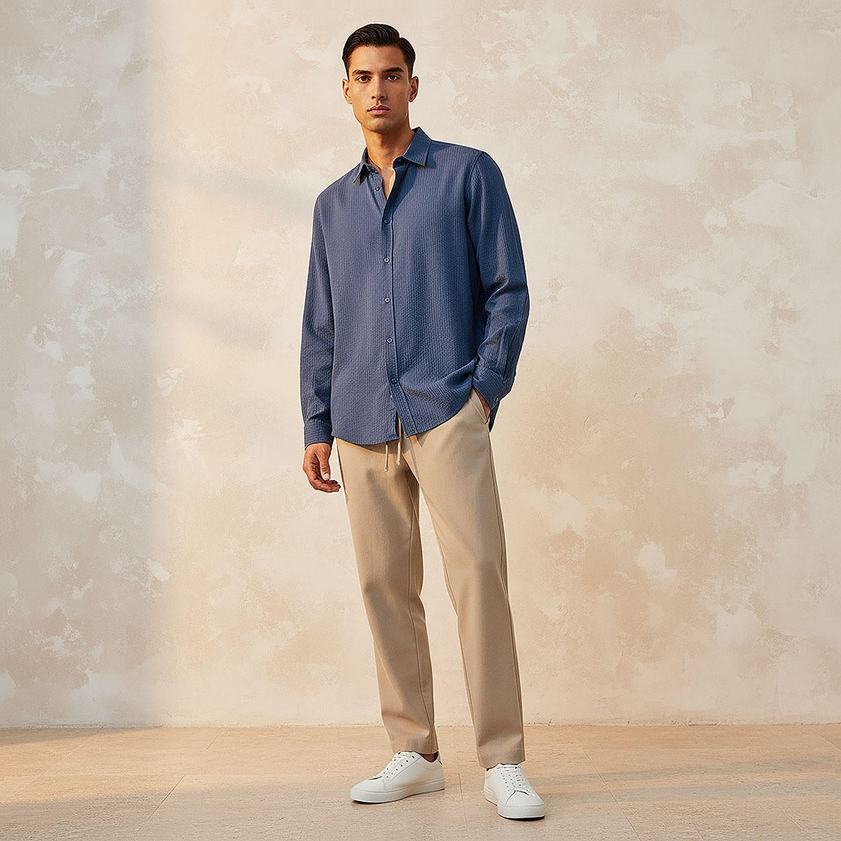 قميص مقلم من مزيج الكتان بقصة عادية وياقة عادية وأكمام طويلة للرجال-men-clothing-shirts-image-3