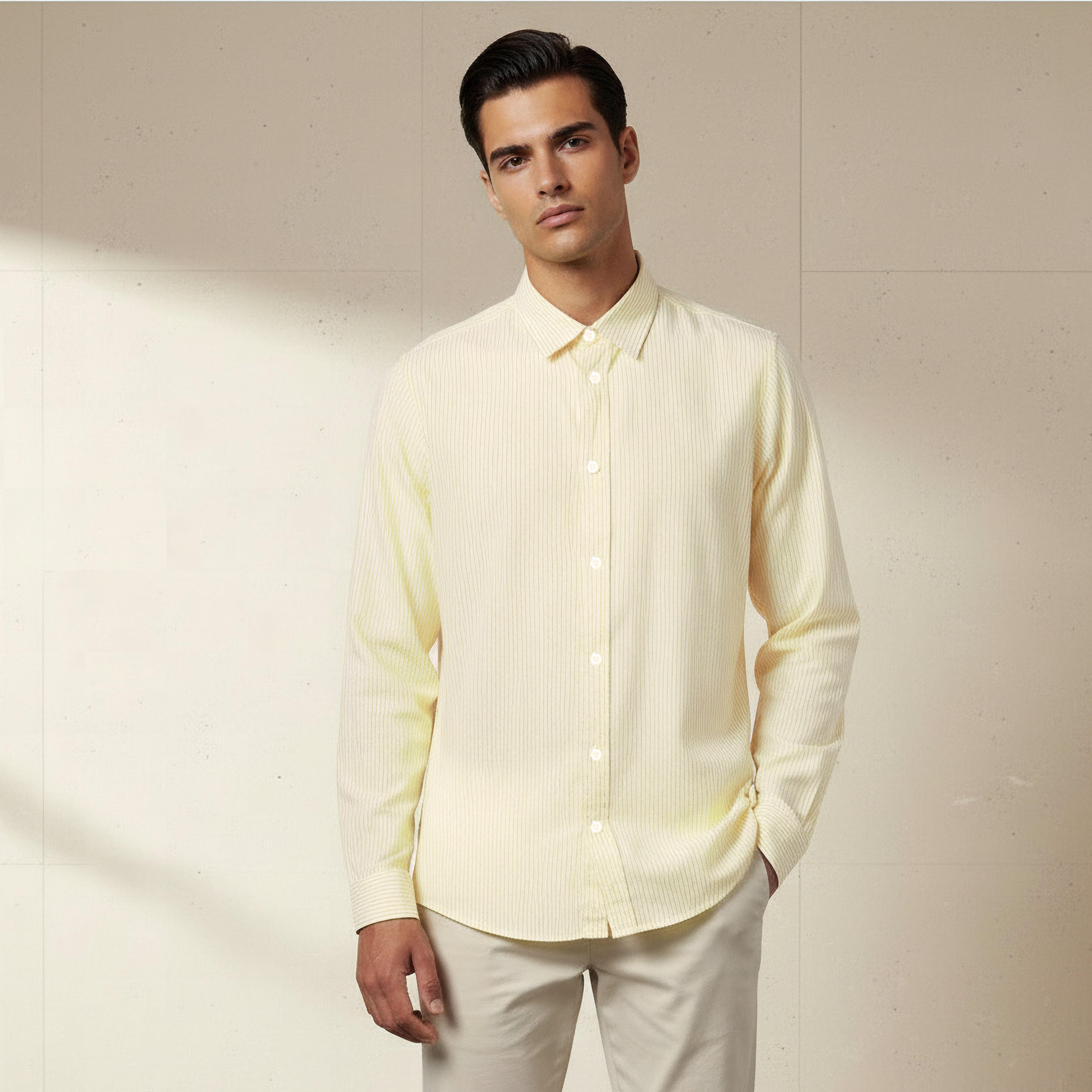 Men Regular Fit Collared Striped Long Sleeve Linen Blend Shirt-men-clothing-shirts-image-1
