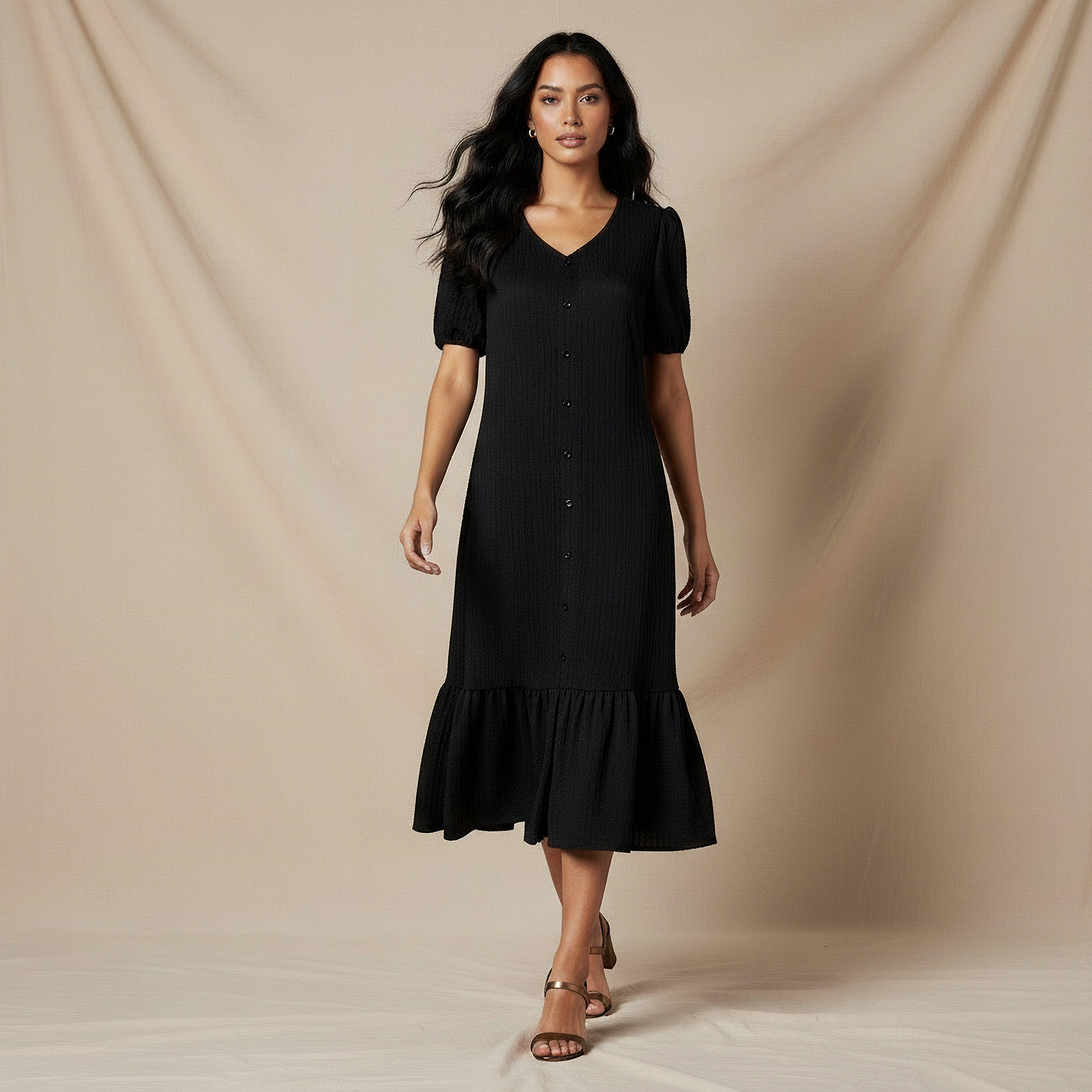 فستان ميدي بارز الملمس بأكمام منفوخة-women-clothing-dresses-image-1