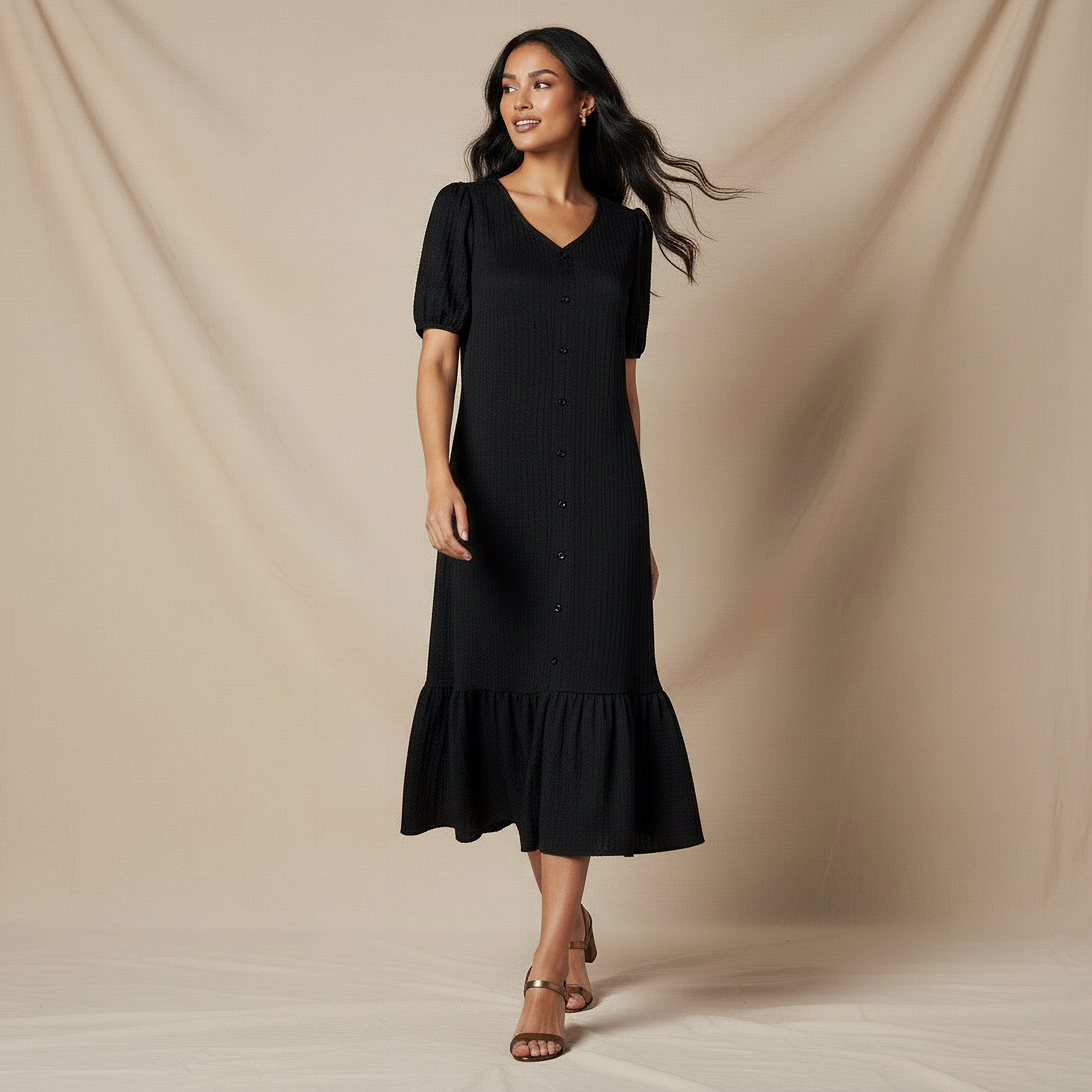 Textured Midi Shirt Dress with Puff Sleeves-women-clothing-dresses-image-2