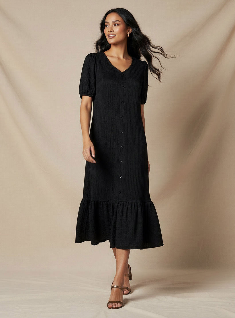 فستان ميدي بارز الملمس بأكمام منفوخة-women-clothing-dresses-image-2