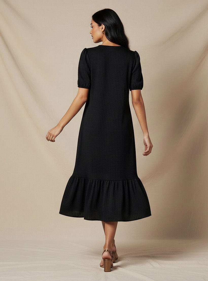 فستان ميدي بارز الملمس بأكمام منفوخة-women-clothing-dresses-image-3