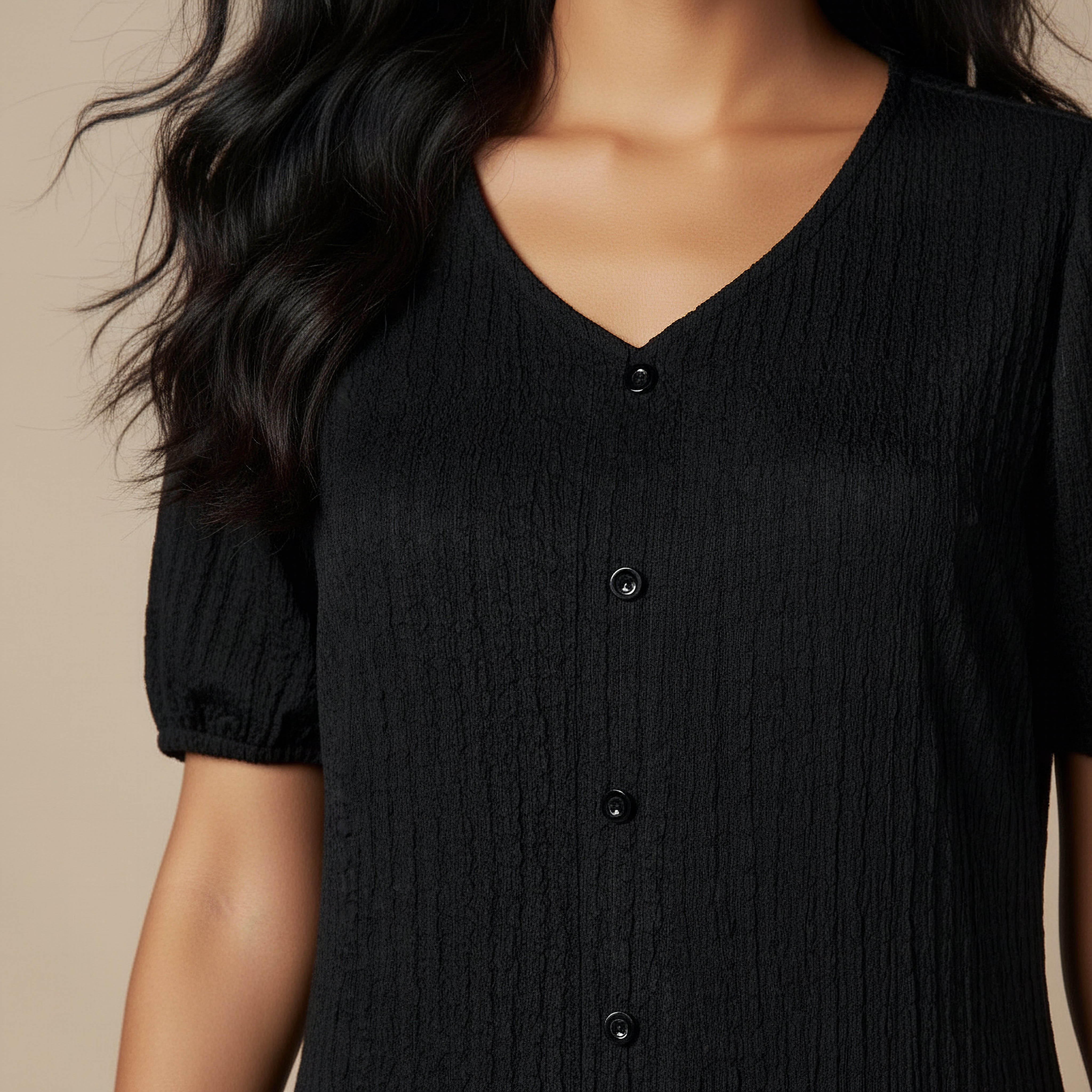 Textured Midi Shirt Dress with Puff Sleeves-women-clothing-dresses-image-4