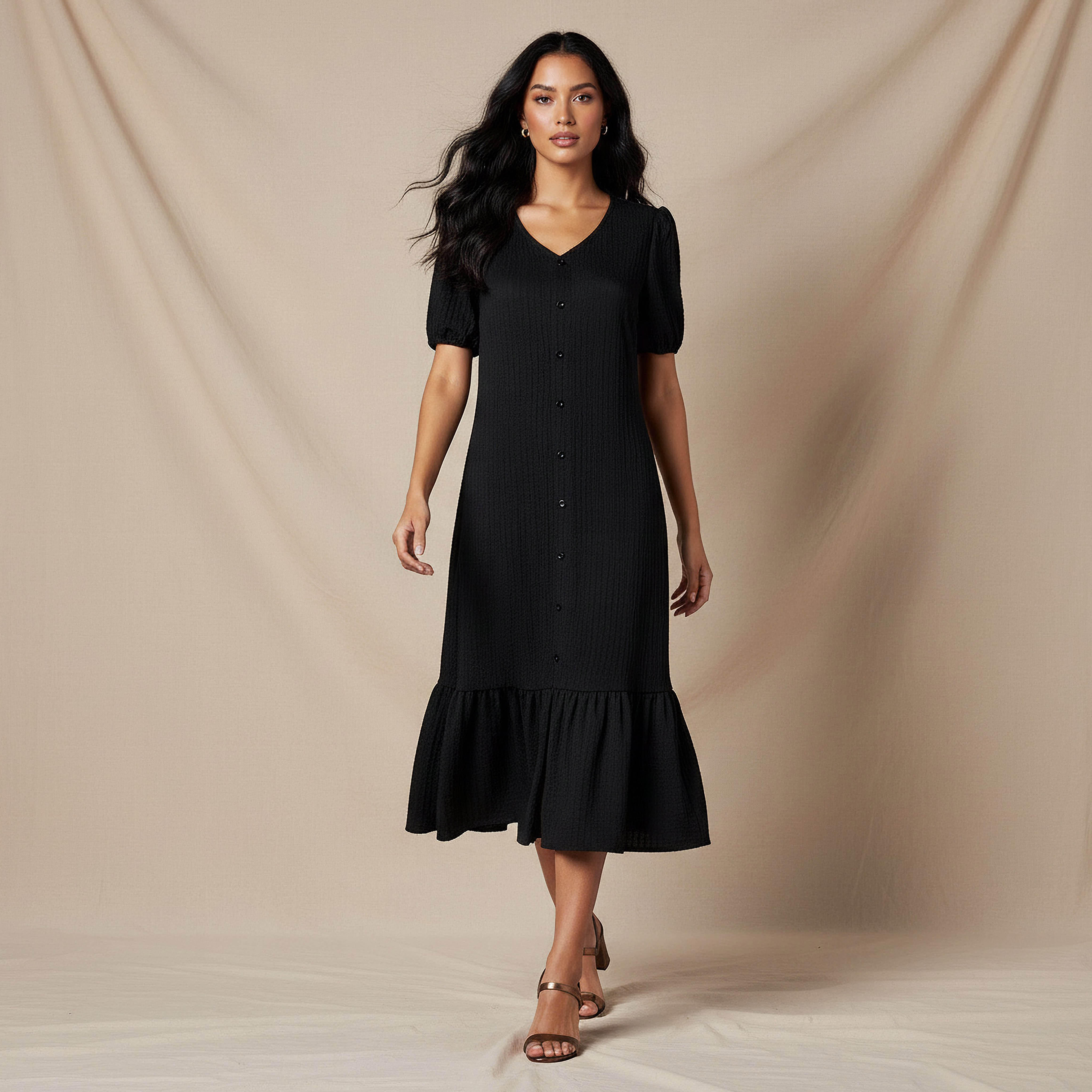 فستان ميدي بارز الملمس بأكمام منفوخة-women-clothing-dresses-image-5