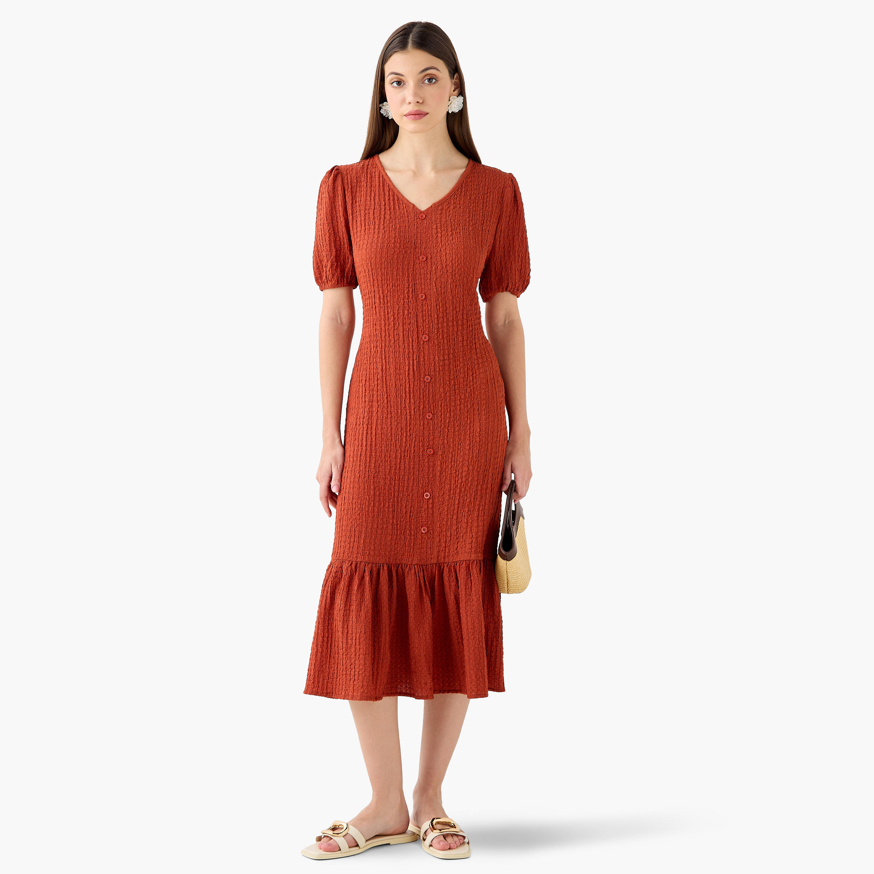 فستان ميدي بارز الملمس بأكمام منفوخة-women-clothing-dresses-image-3
