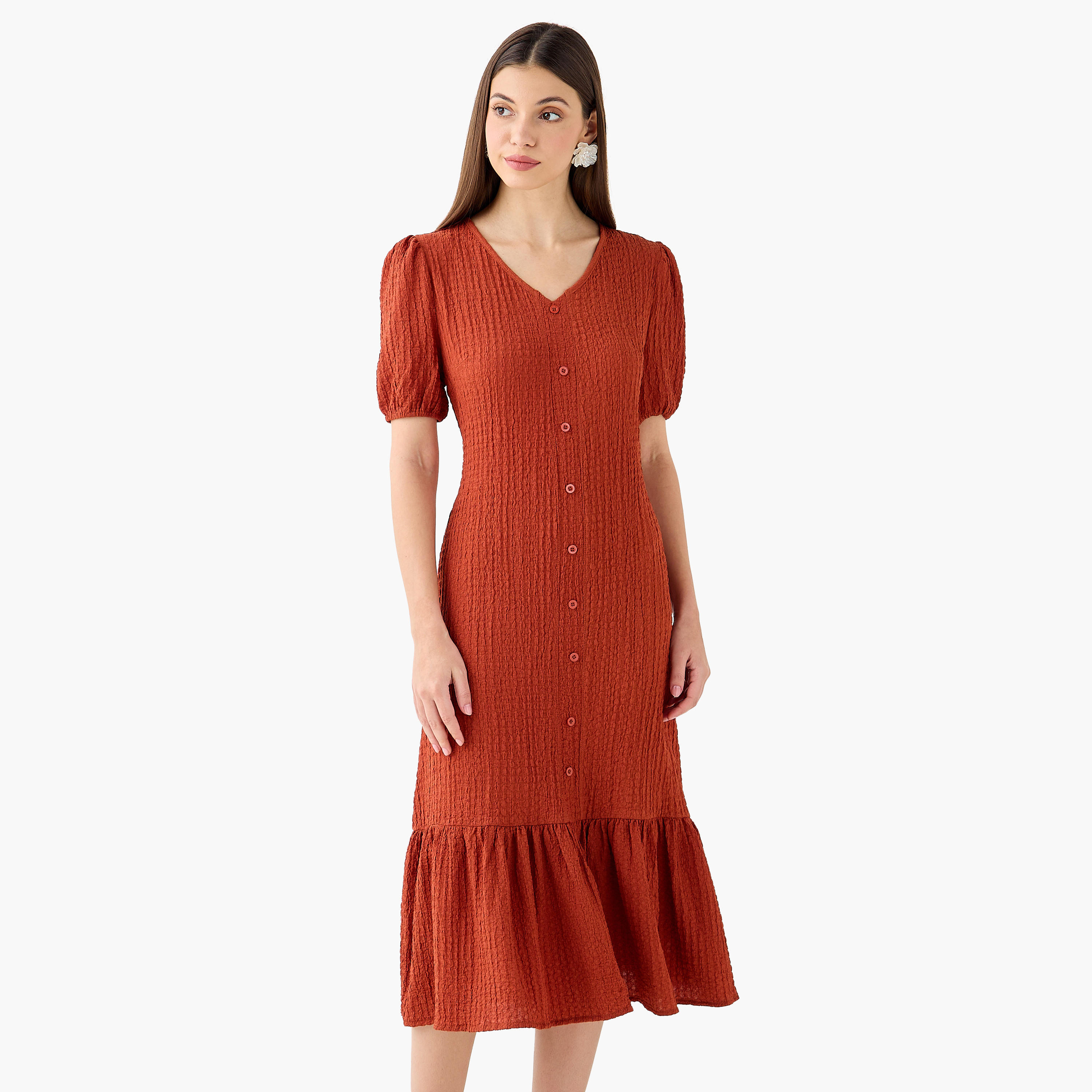 Textured Midi Shirt Dress with Puff Sleeves-women-clothing-dresses-image-4