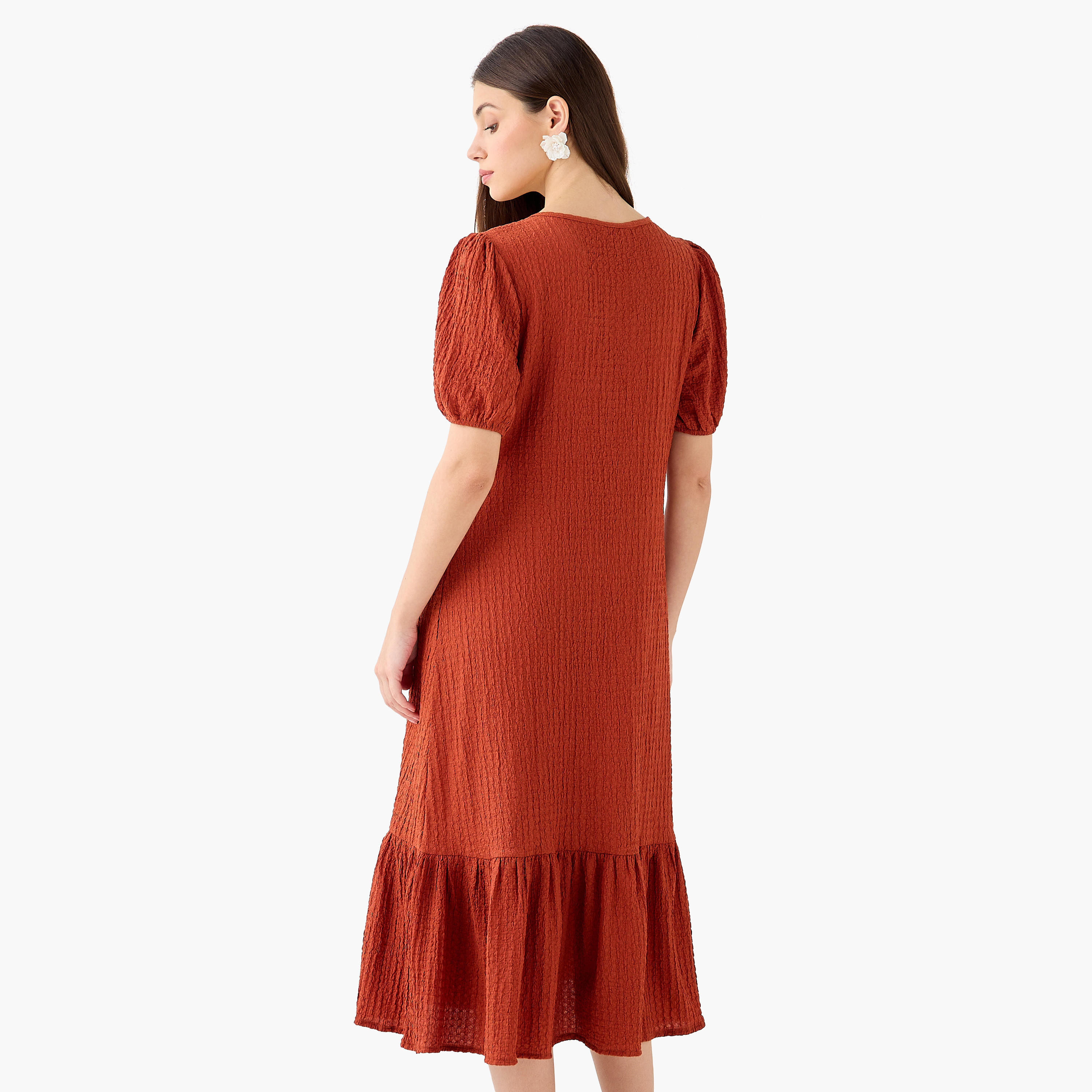 Textured Midi Shirt Dress with Puff Sleeves-women-clothing-dresses-image-5