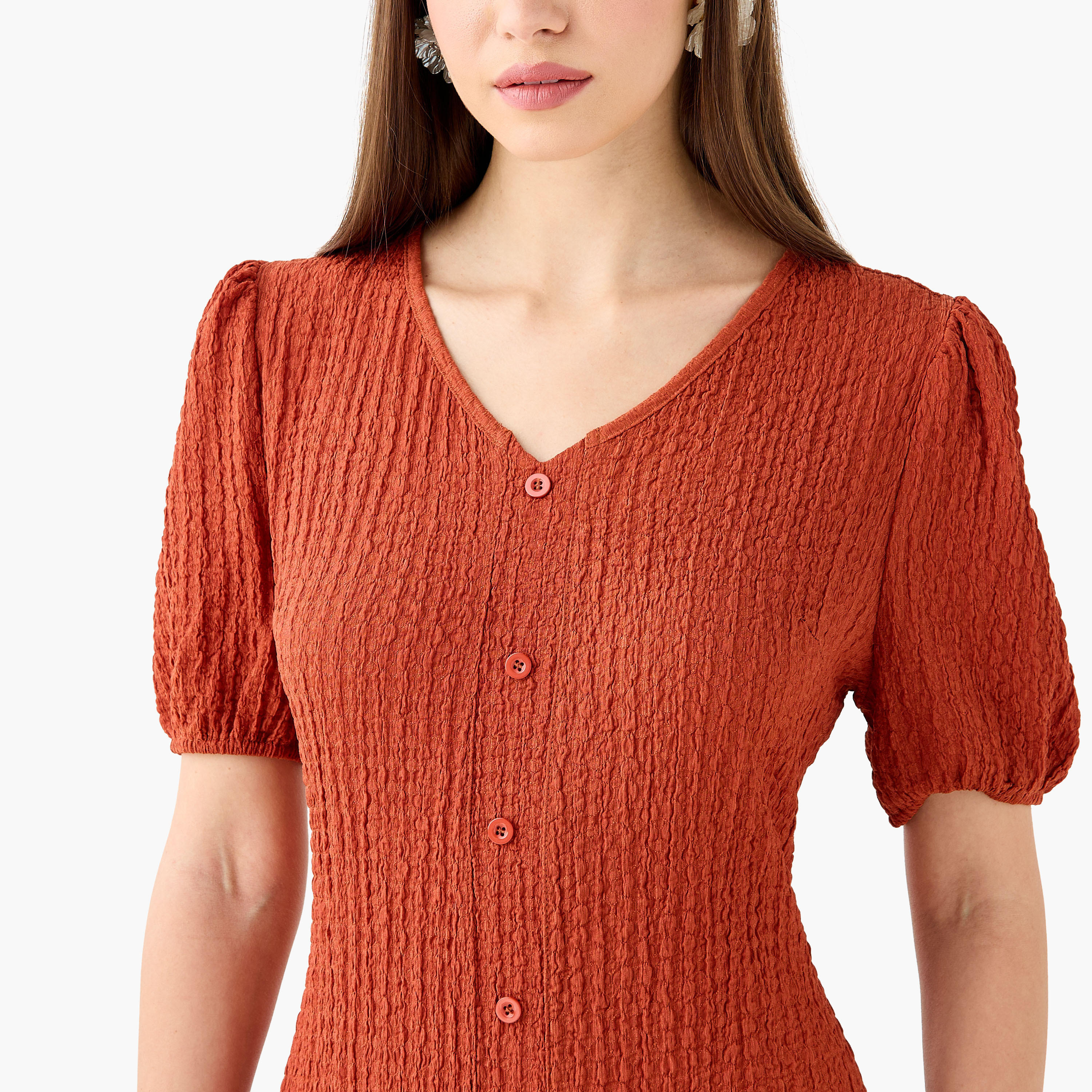 Textured Midi Shirt Dress with Puff Sleeves-women-clothing-dresses-image-6