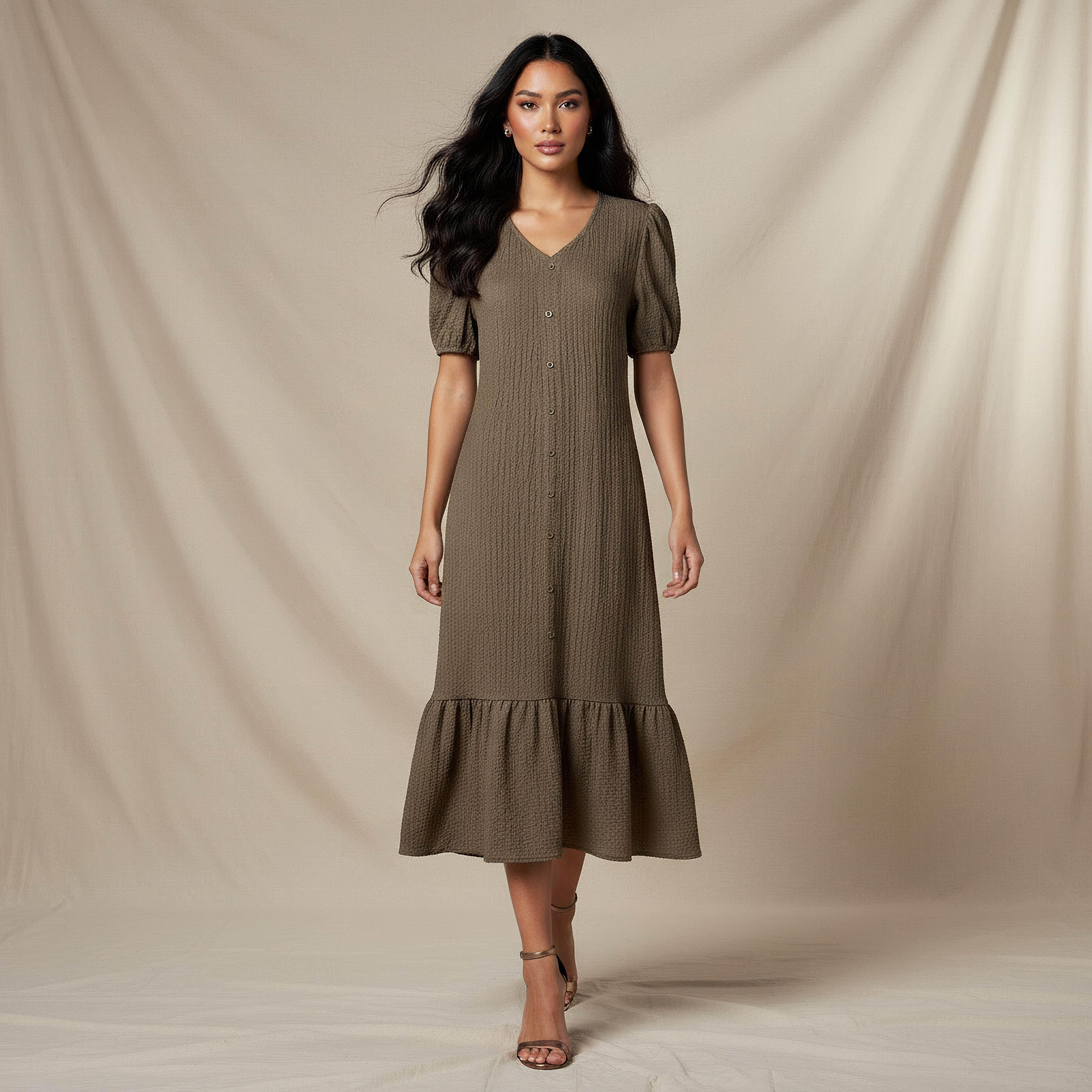 فستان ميدي بارز الملمس بأكمام منفوخة-women-clothing-dresses-image-1