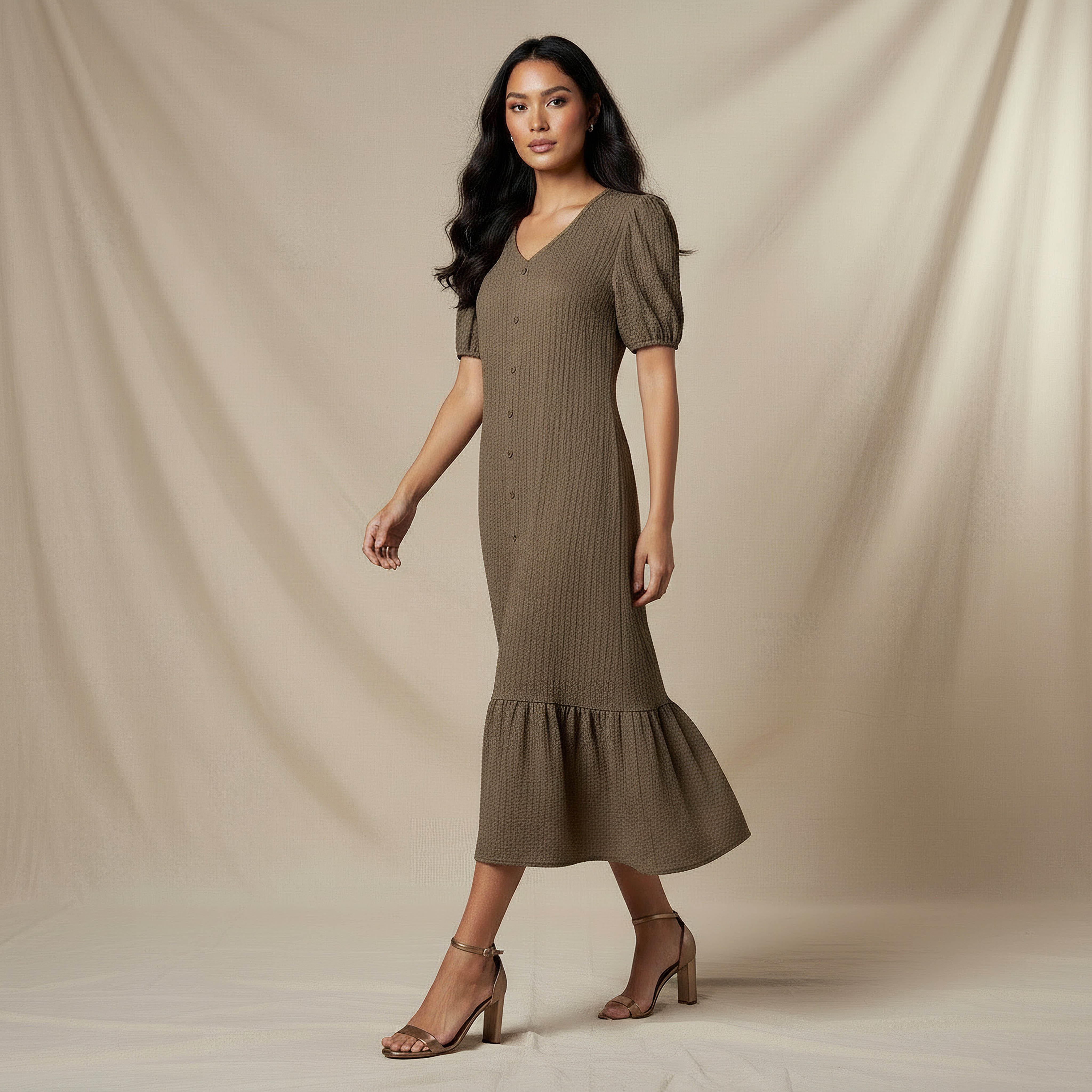 فستان ميدي بارز الملمس بأكمام منفوخة-women-clothing-dresses-image-2