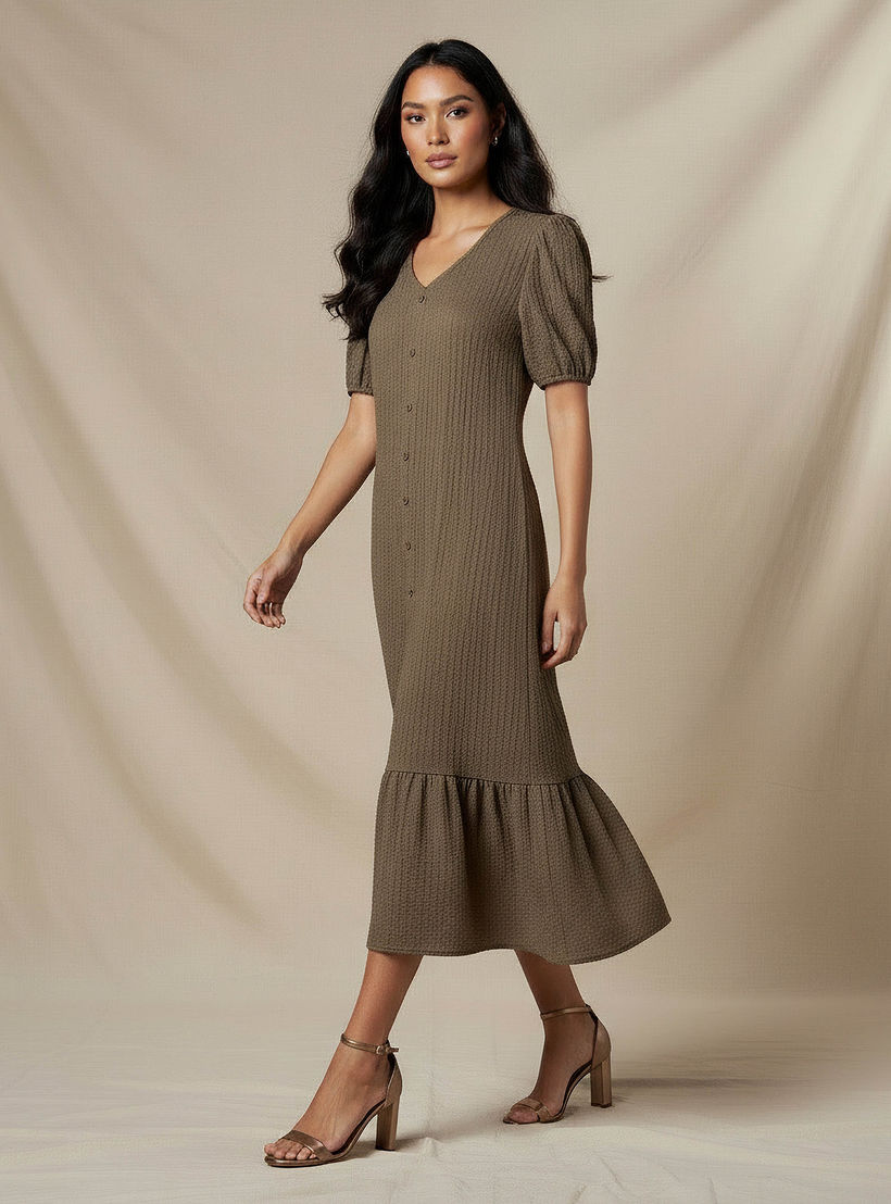 فستان ميدي بارز الملمس بأكمام منفوخة-women-clothing-dresses-image-2
