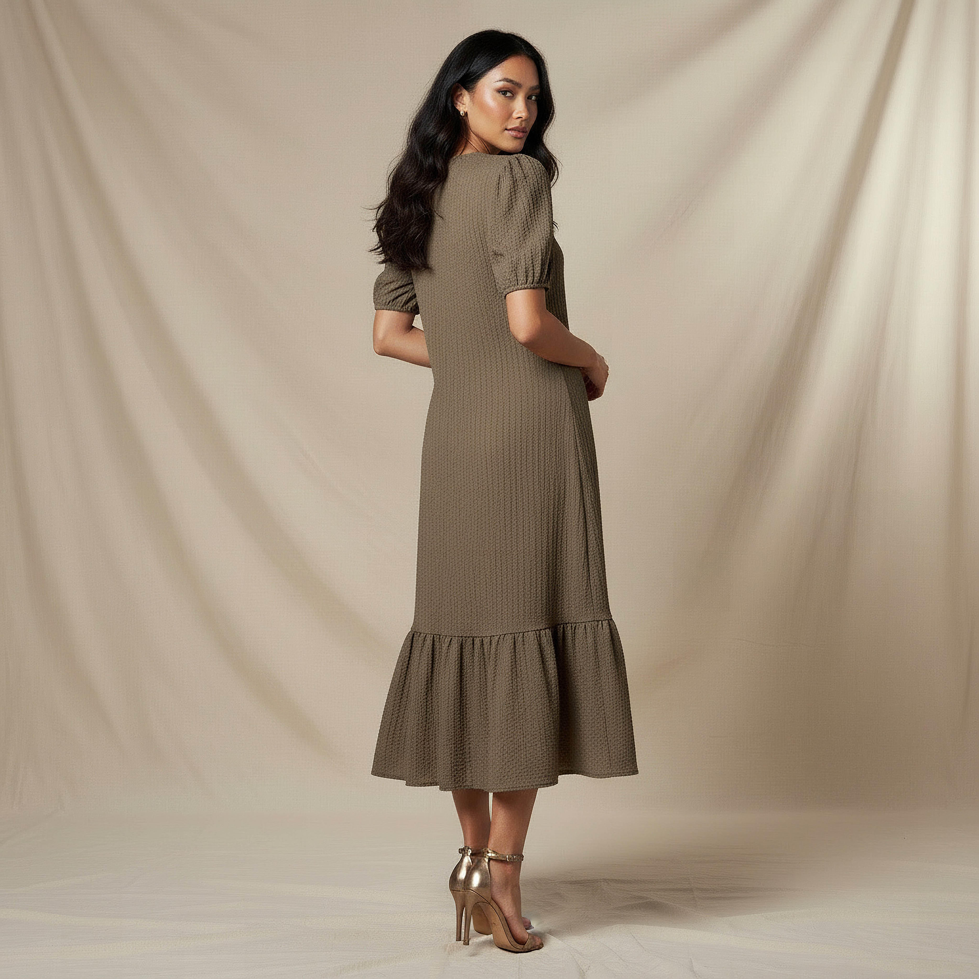 Textured Midi Shirt Dress with Puff Sleeves-women-clothing-dresses-image-3