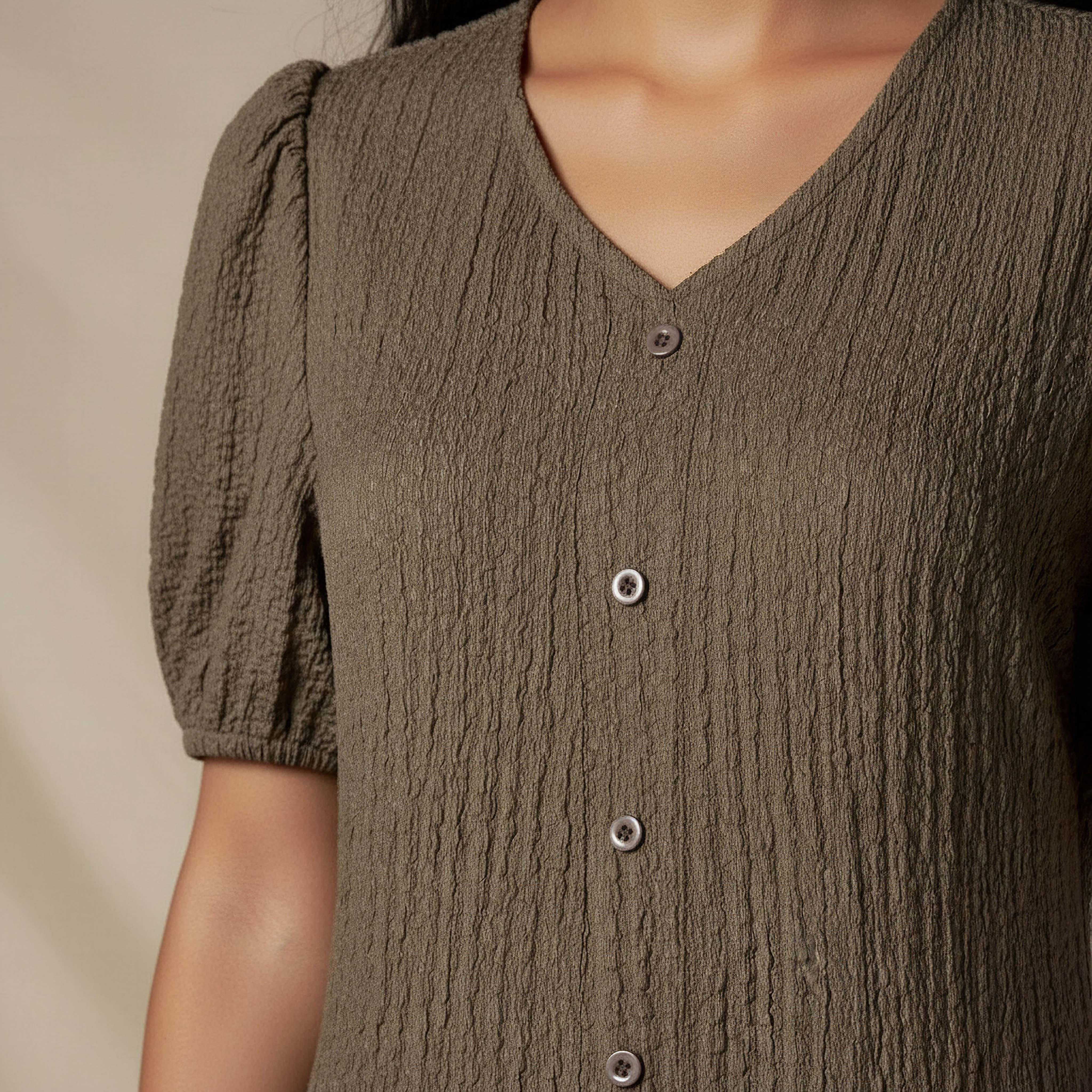 Textured Midi Shirt Dress with Puff Sleeves-women-clothing-dresses-image-4