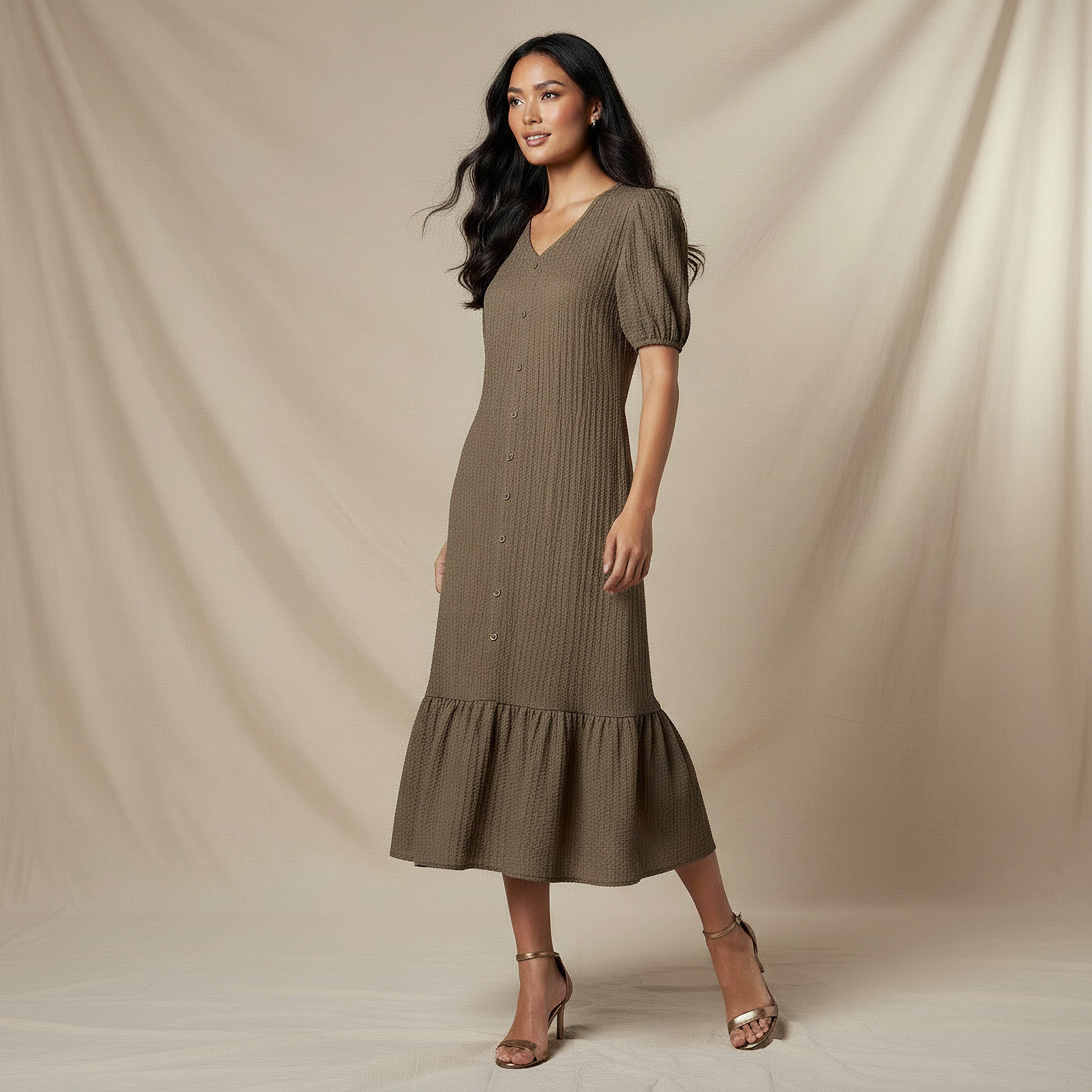 Textured Midi Shirt Dress with Puff Sleeves-women-clothing-dresses-image-5