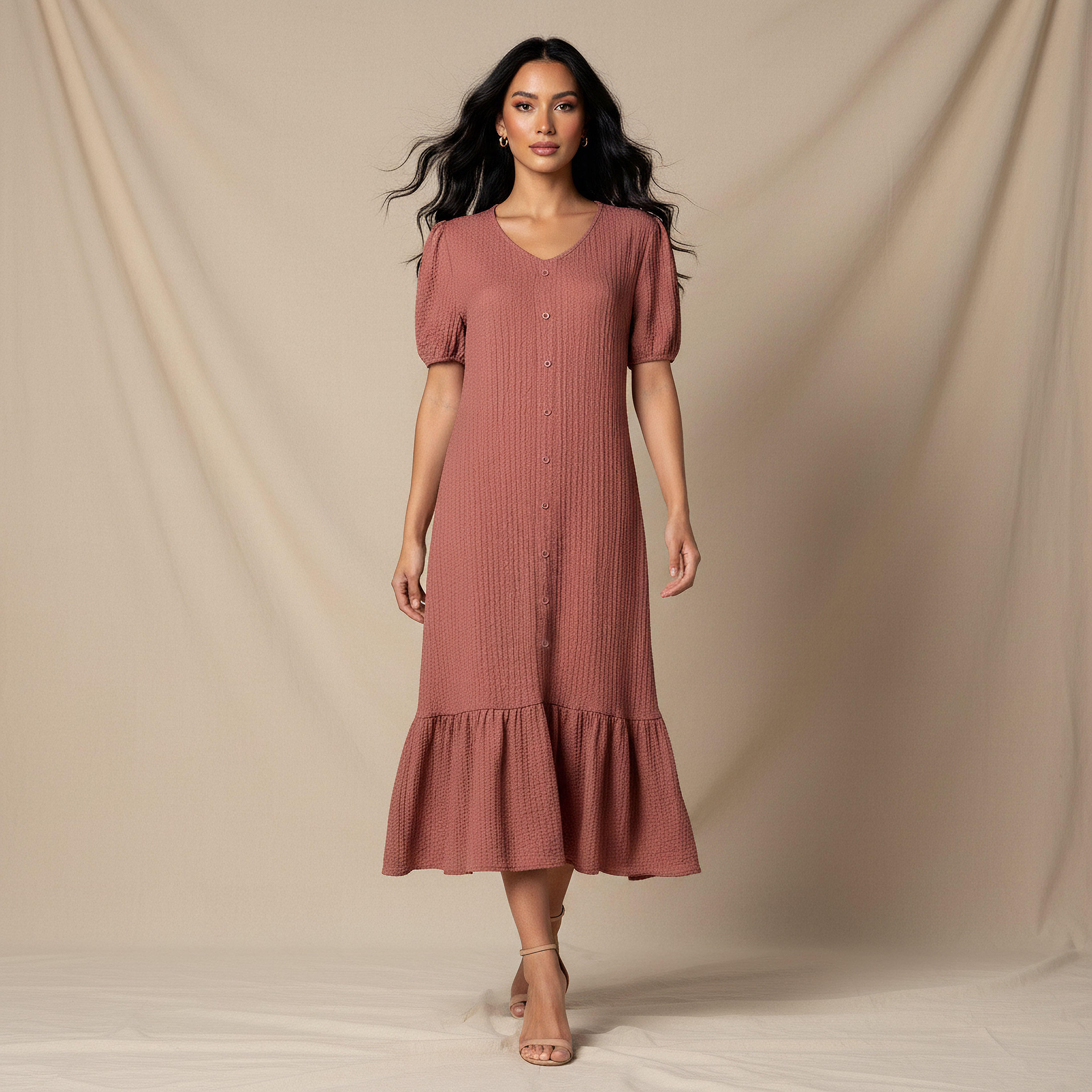فستان ميدي بارز الملمس بأكمام منفوخة-women-clothing-dresses-image-1