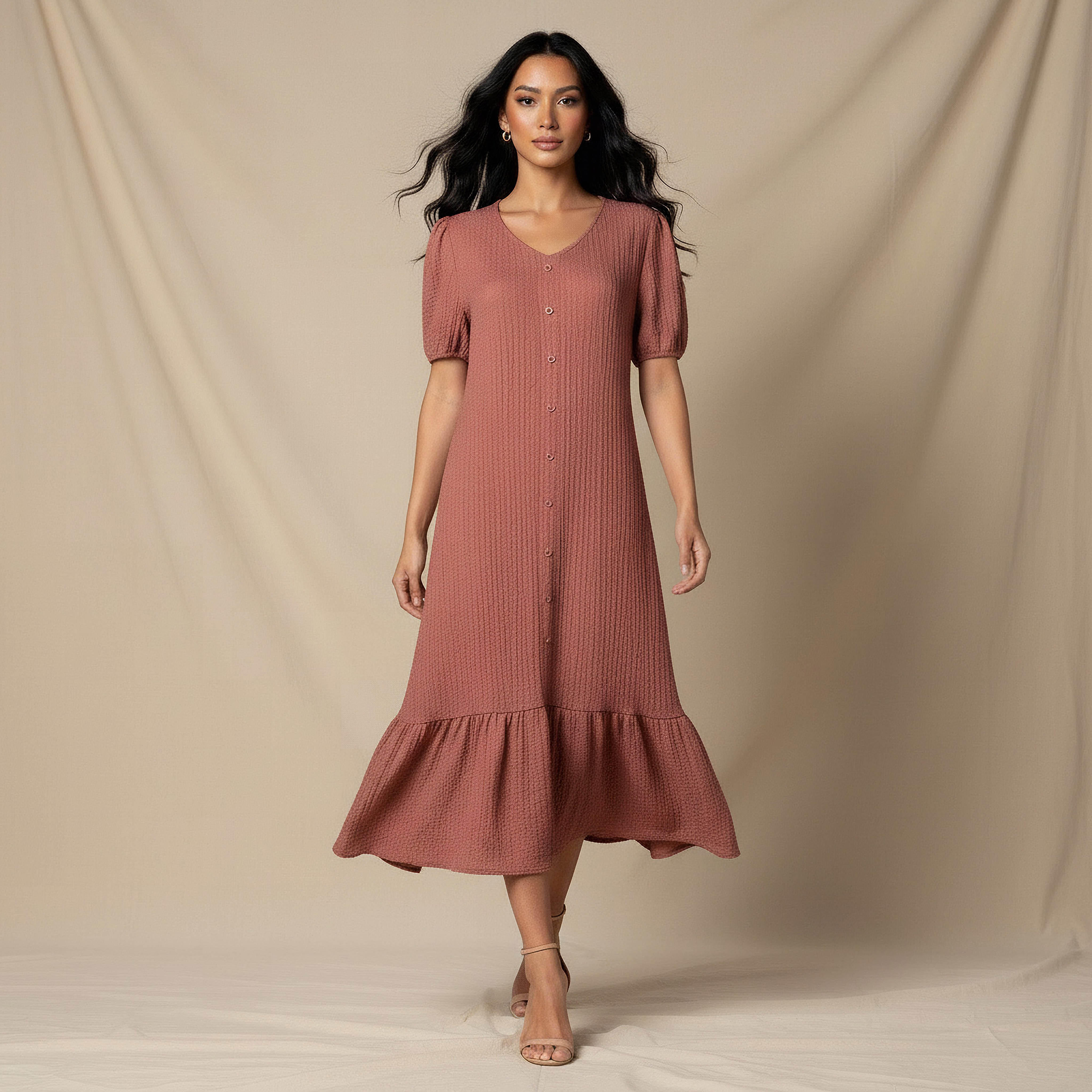 فستان ميدي بارز الملمس بأكمام منفوخة-women-clothing-dresses-image-2