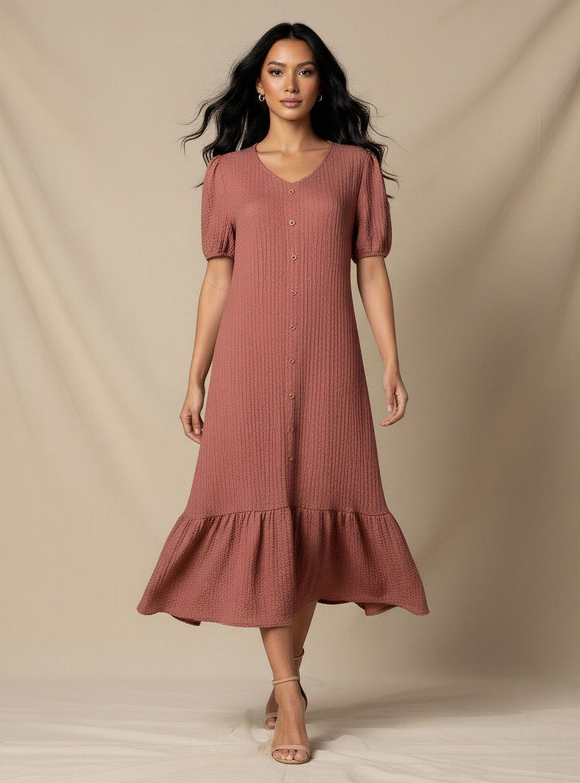فستان ميدي بارز الملمس بأكمام منفوخة-women-clothing-dresses-image-2