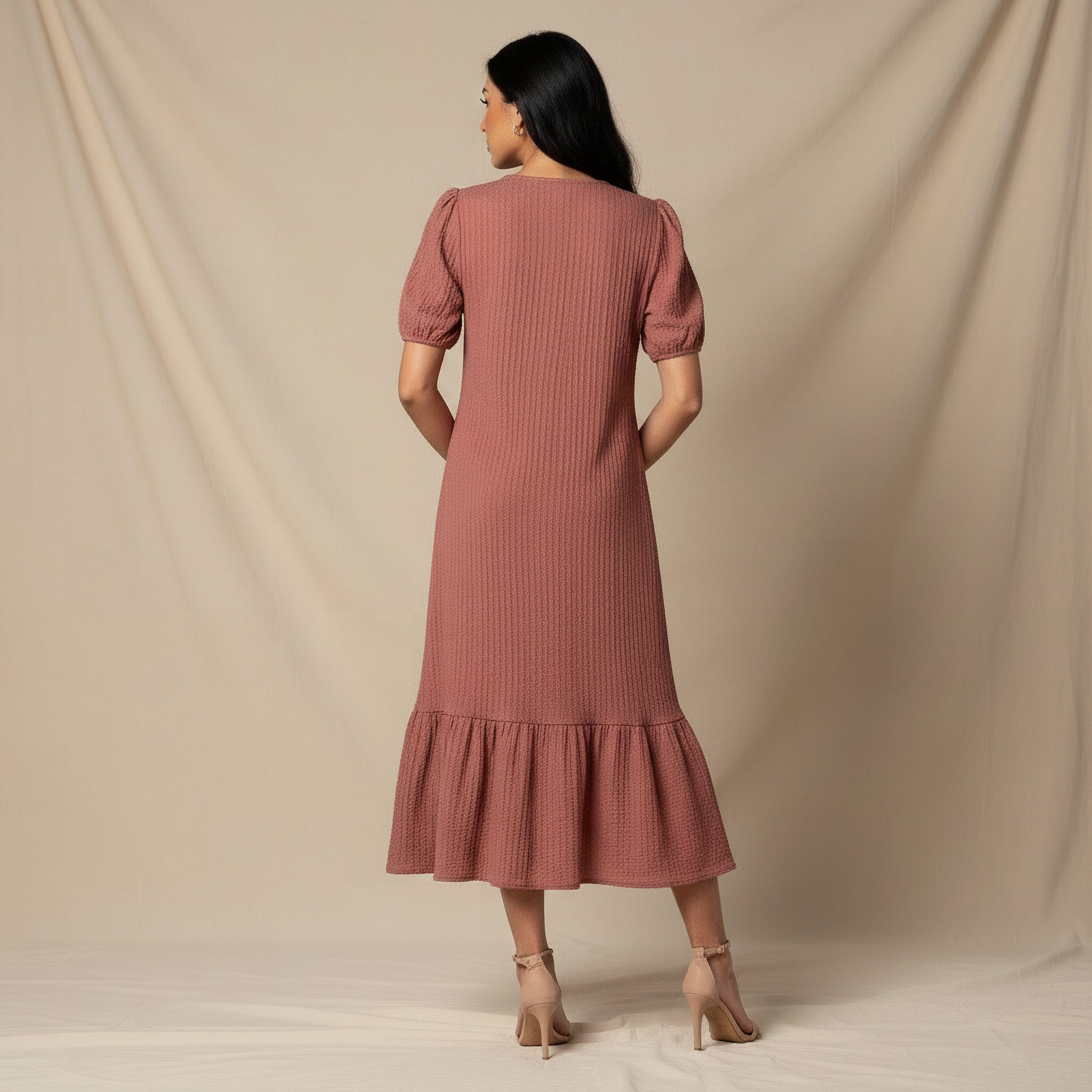 Textured Midi Shirt Dress with Puff Sleeves-women-clothing-dresses-image-3