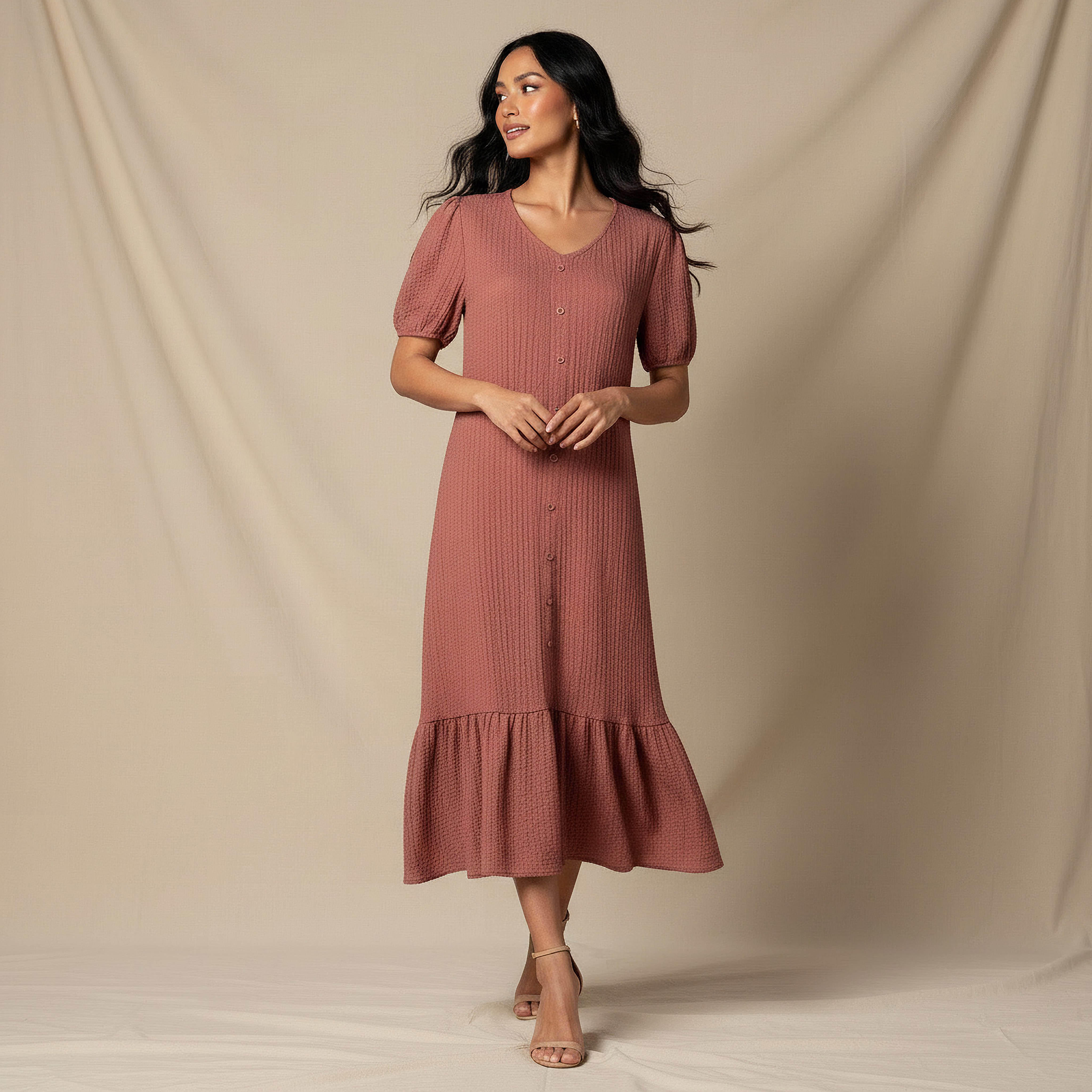فستان ميدي بارز الملمس بأكمام منفوخة-women-clothing-dresses-image-5