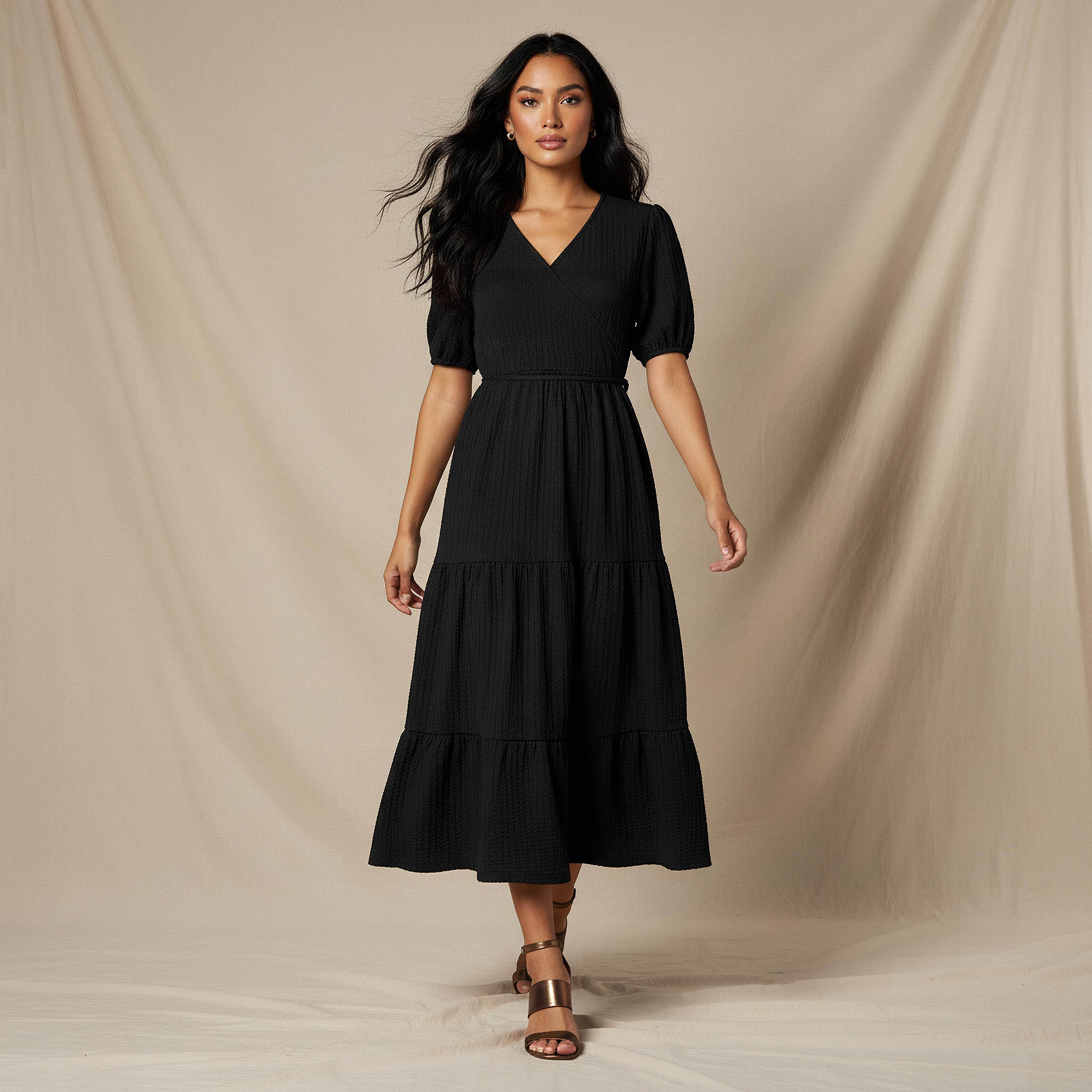 فستان ميدي بارز الملمس بطبقات وأكمام قصيرة منفوخة-women-clothing-dresses-image-5