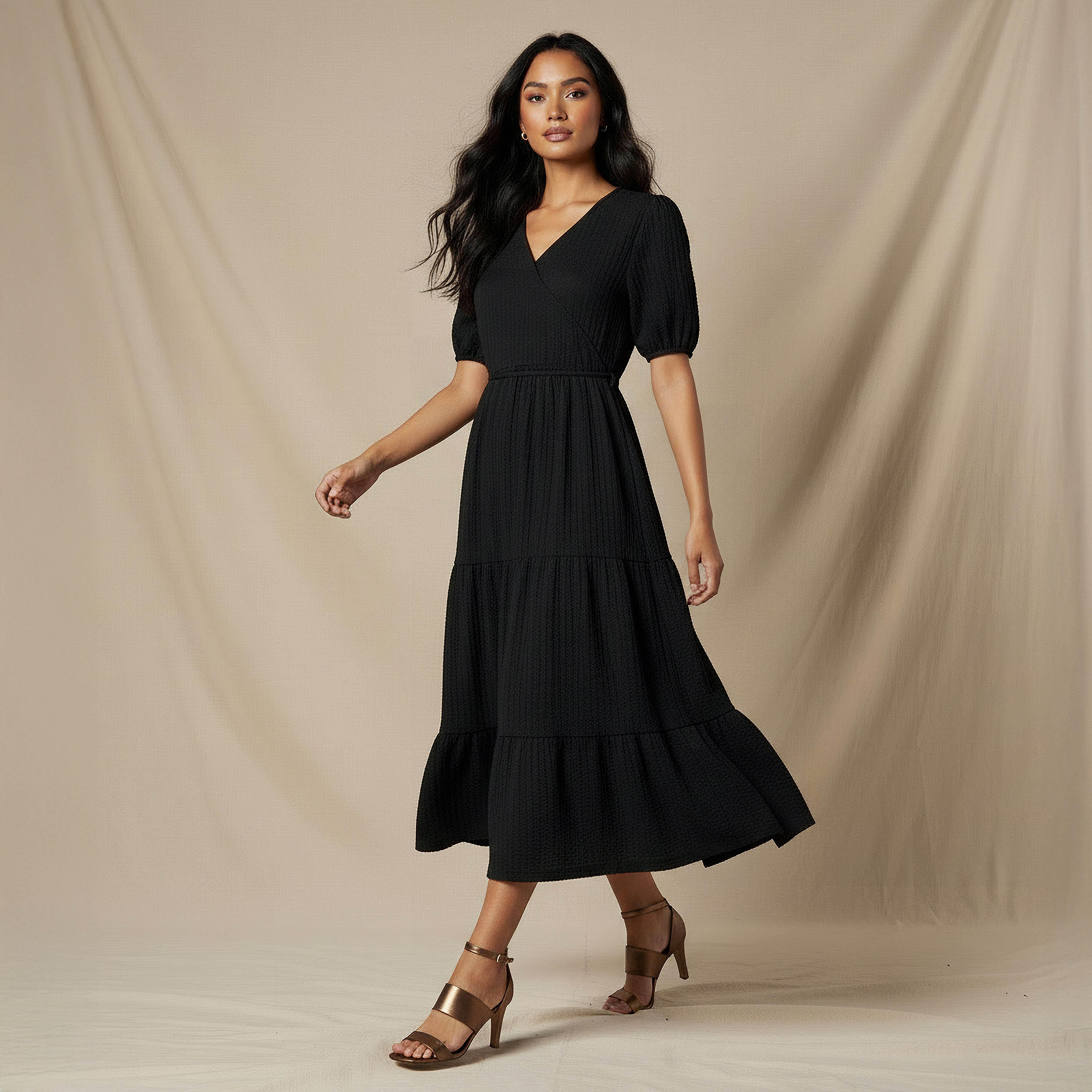 فستان ميدي بارز الملمس بطبقات وأكمام قصيرة منفوخة-women-clothing-dresses-image-2