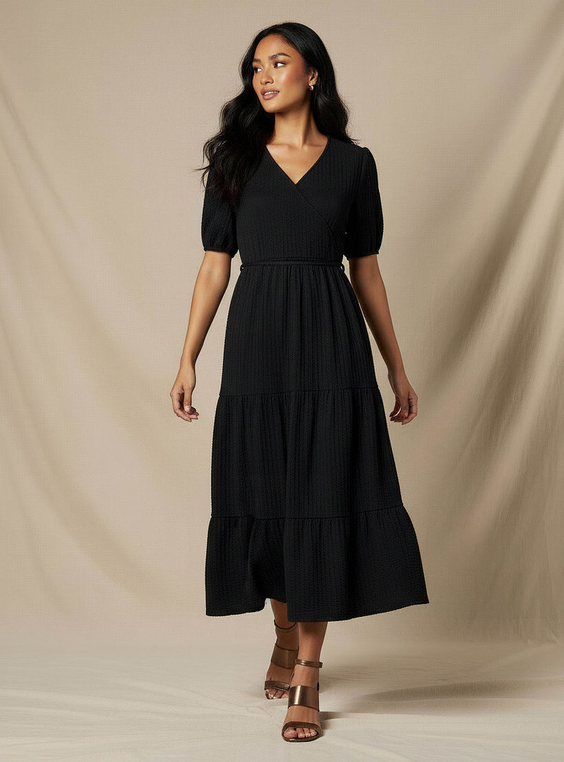 فستان ميدي بارز الملمس بطبقات وأكمام قصيرة منفوخة-women-clothing-dresses-image-5