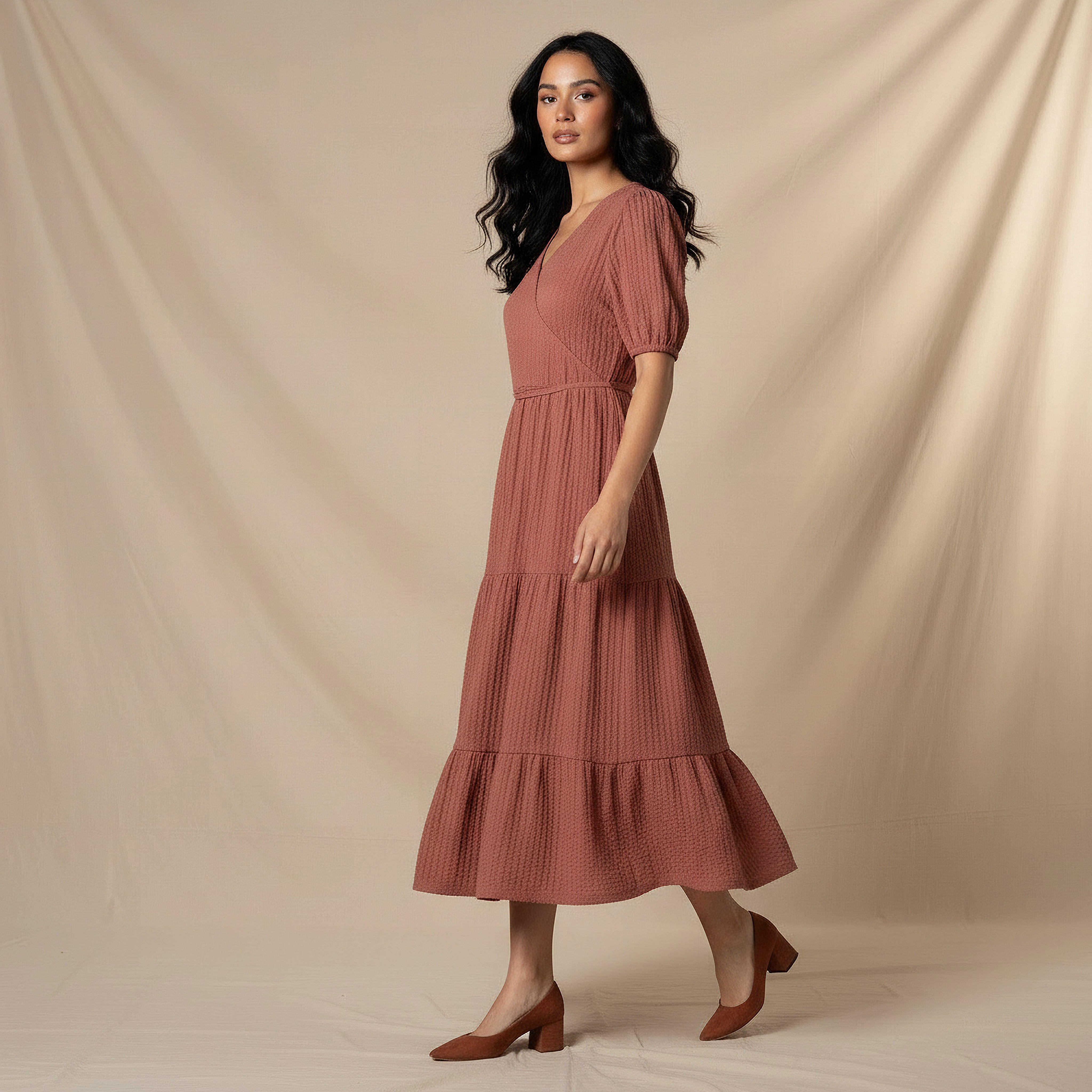 Midi Textured Tiered Dress with Short Puff Sleeves-women-clothing-dresses-image-2