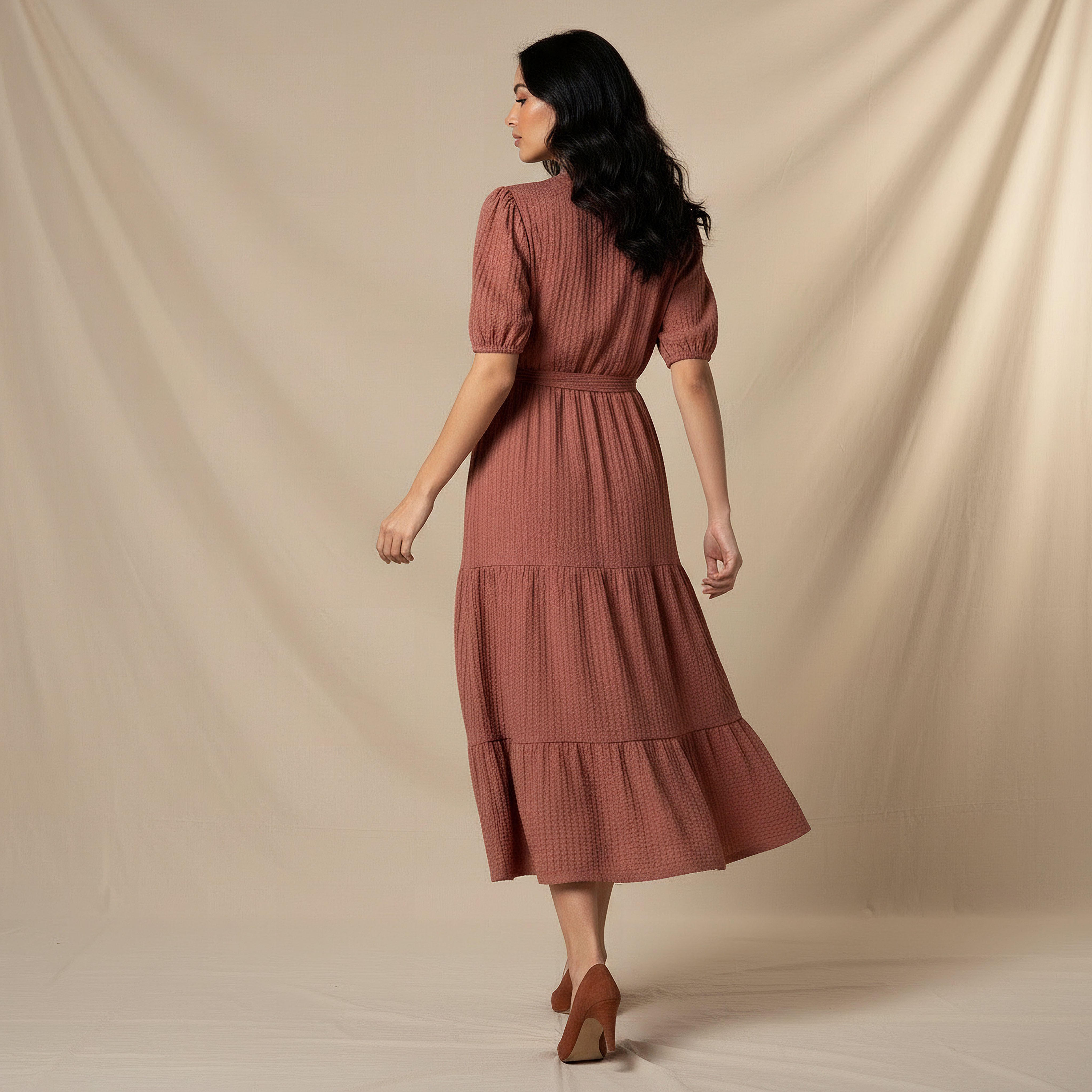 Midi Textured Tiered Dress with Short Puff Sleeves-women-clothing-dresses-image-3