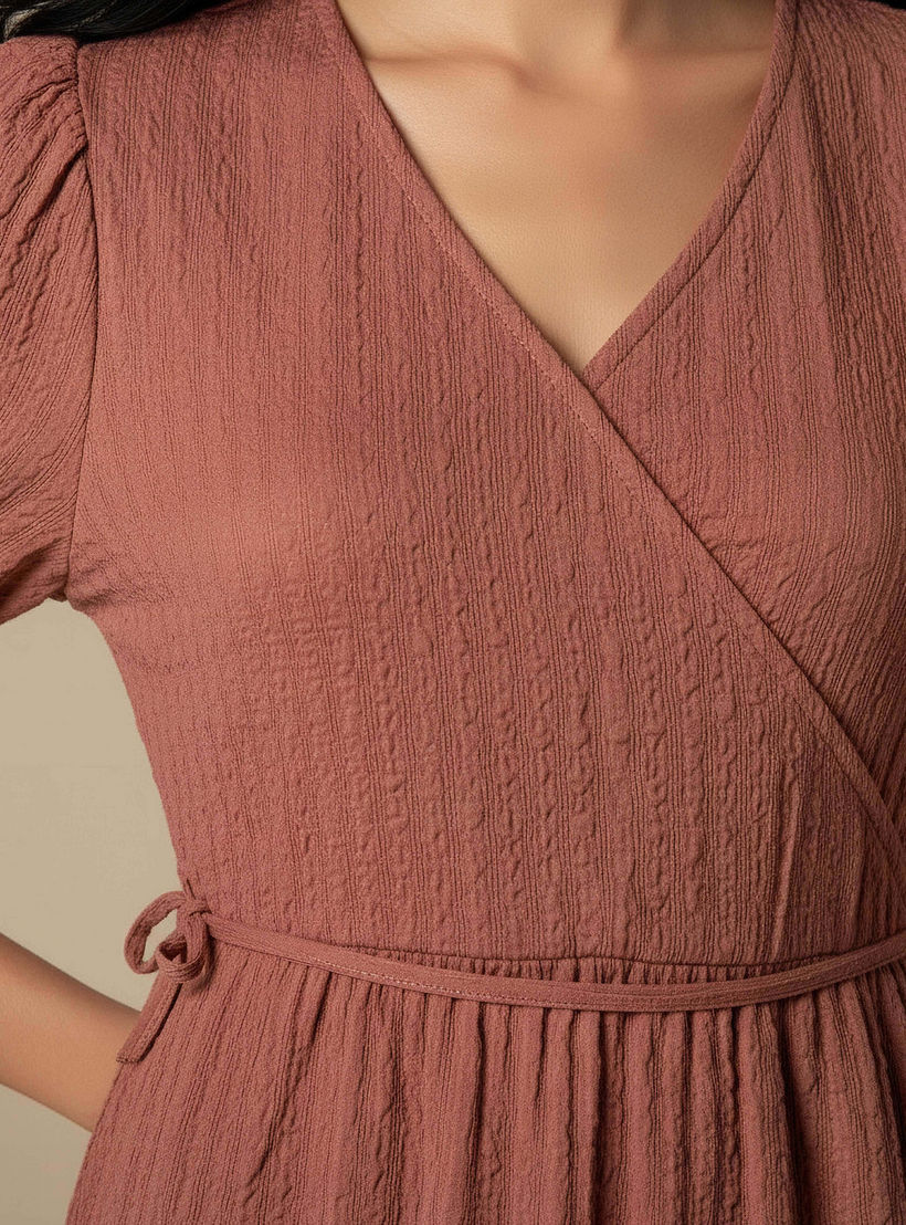 Midi Textured Tiered Dress with Short Puff Sleeves-women-clothing-dresses-image-4