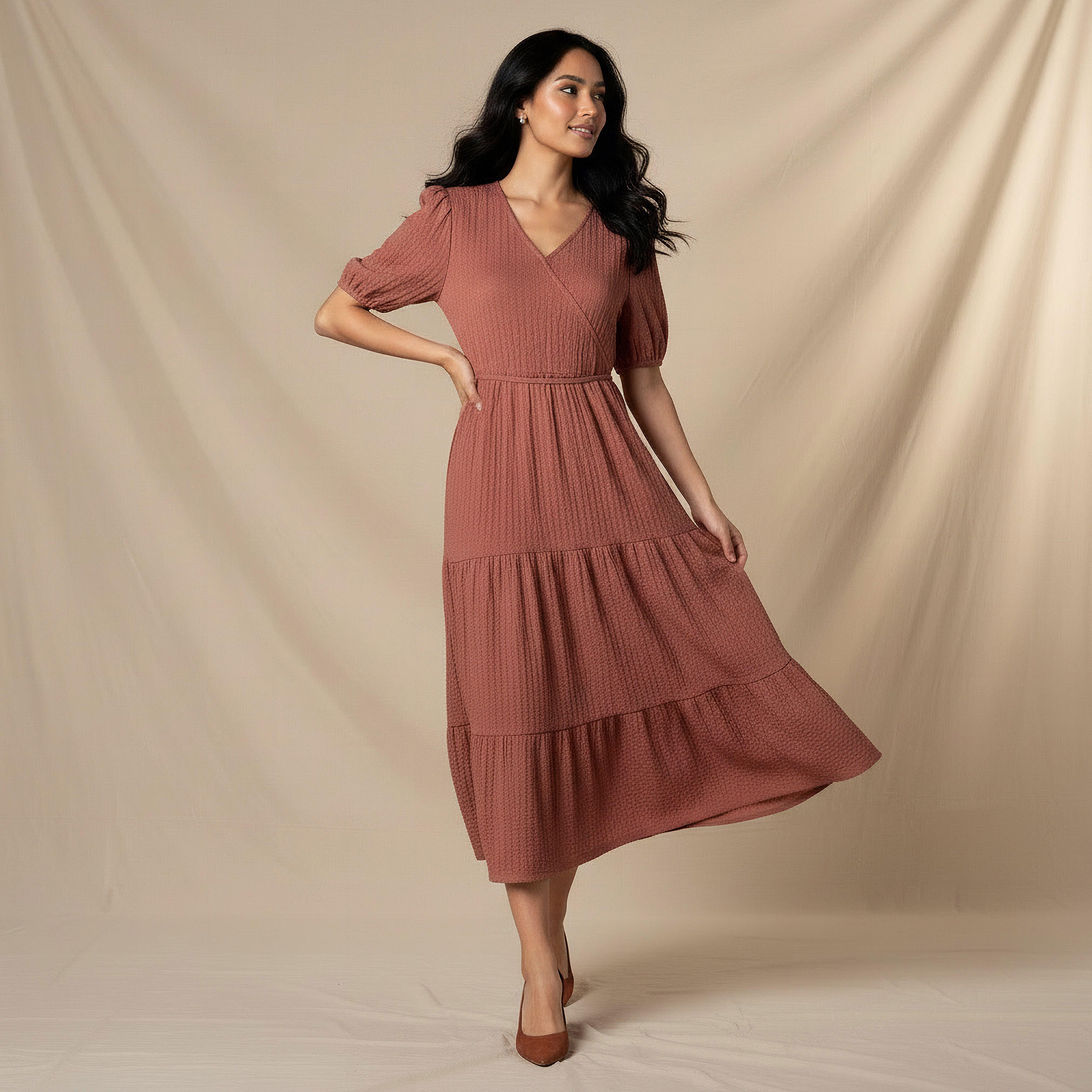 Midi Textured Tiered Dress with Short Puff Sleeves-women-clothing-dresses-image-5