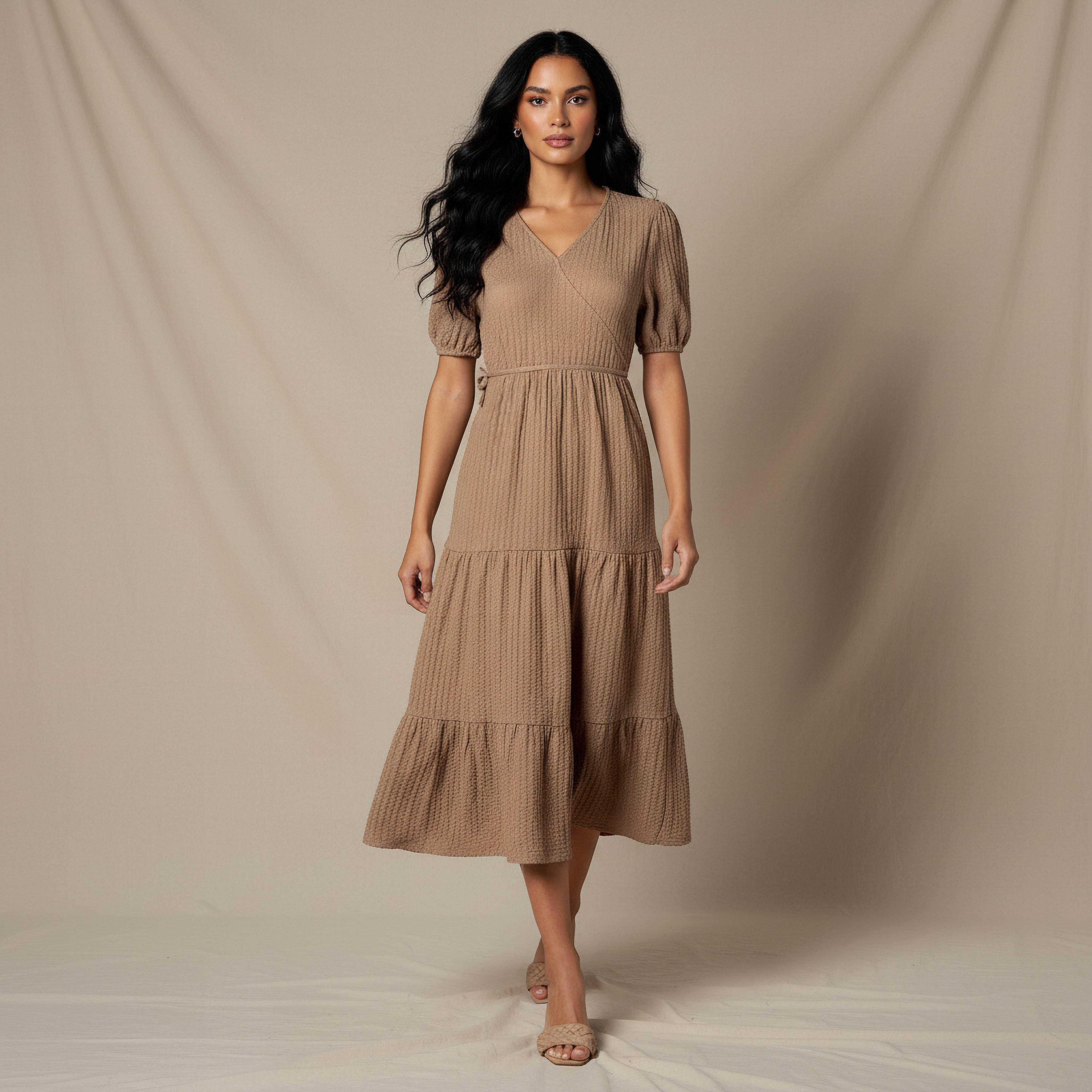 Midi Textured Tiered Dress with Short Puff Sleeves-women-clothing-dresses-image-1