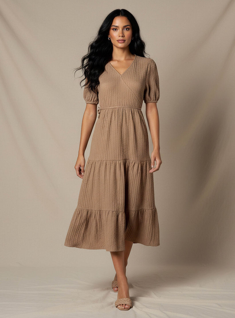 فستان ميدي بارز الملمس بطبقات وأكمام قصيرة منفوخة-women-clothing-dresses-image-1